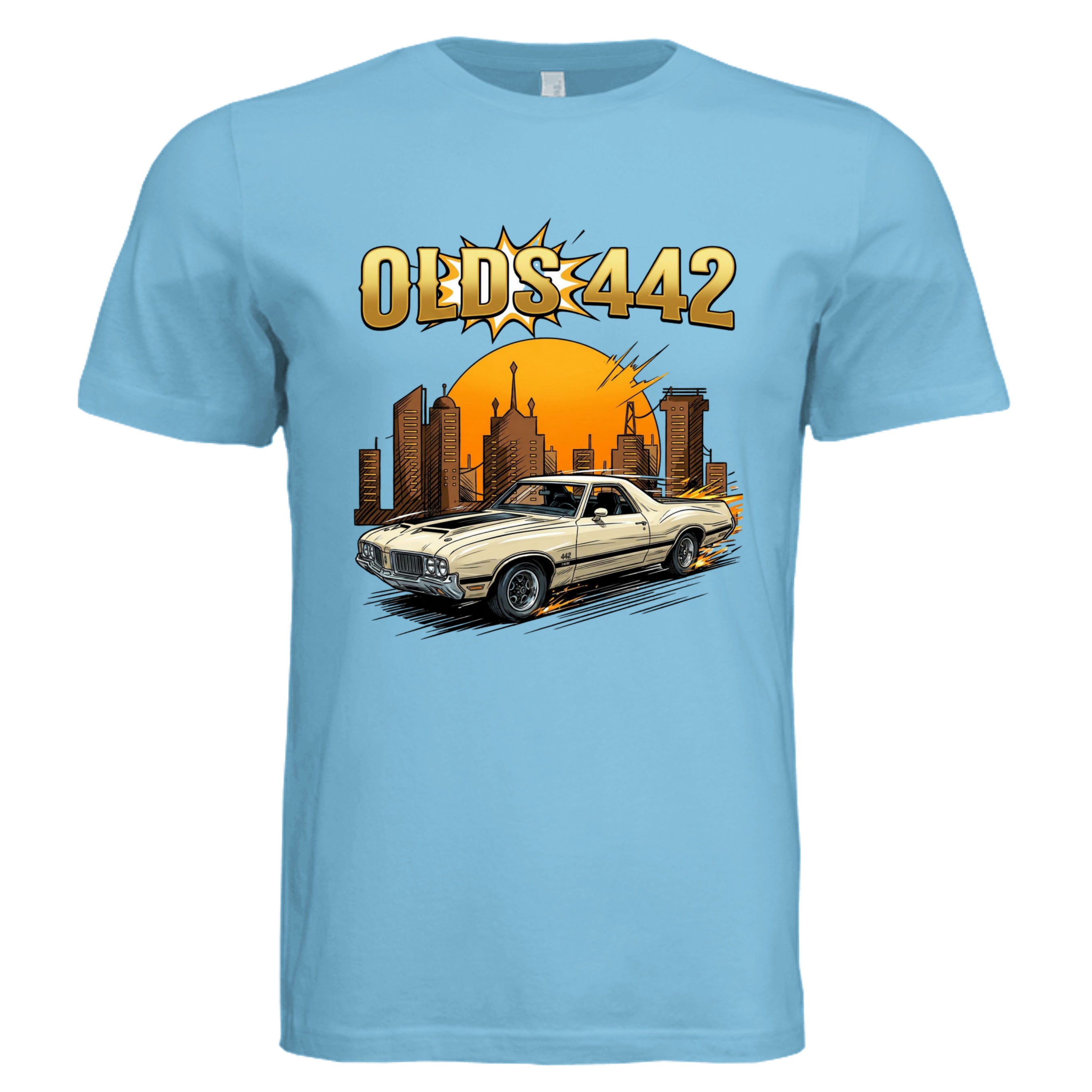 TURQUOISE - 3001C - FRONT-Oldsmobile 442 comic car lover graphic tee— Carz collection by Stu Borncat Creations