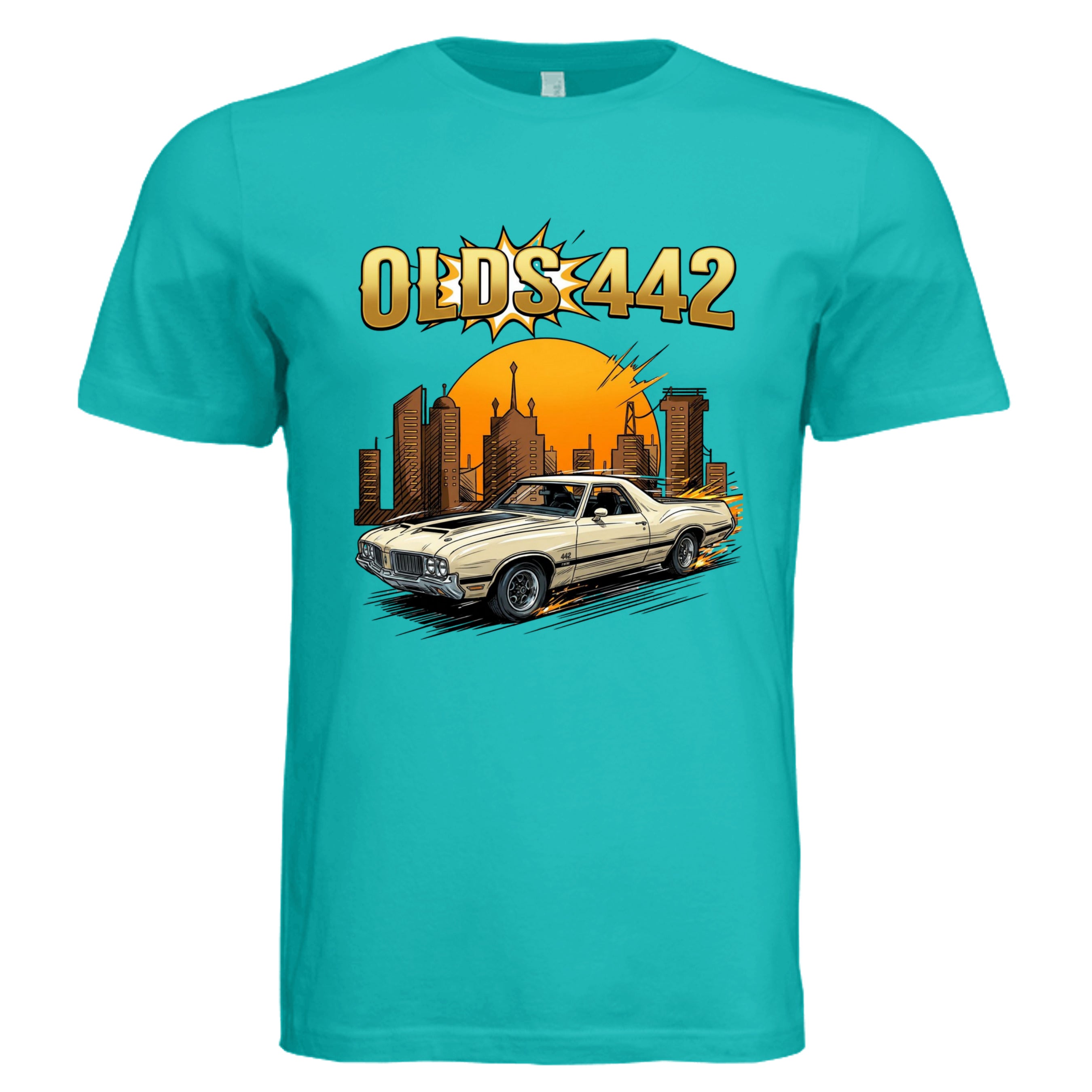 TEAL - 3001C - FRONT-Oldsmobile 442 comic car lover graphic tee— Carz collection by Stu Borncat Creations