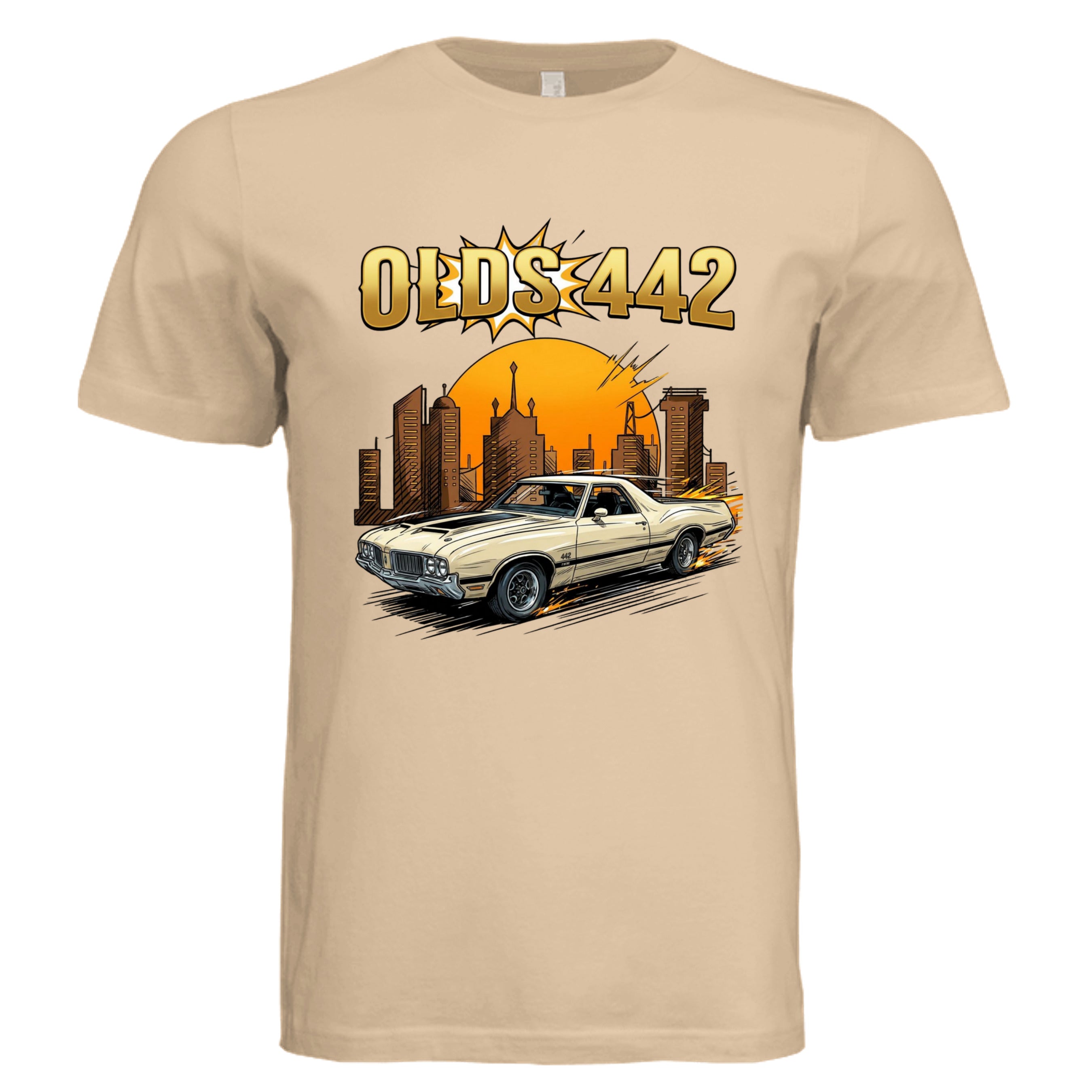 Sand Dune - 3001C - FRONT-Oldsmobile 442 comic car lover graphic tee— Carz collection by Stu Borncat Creations