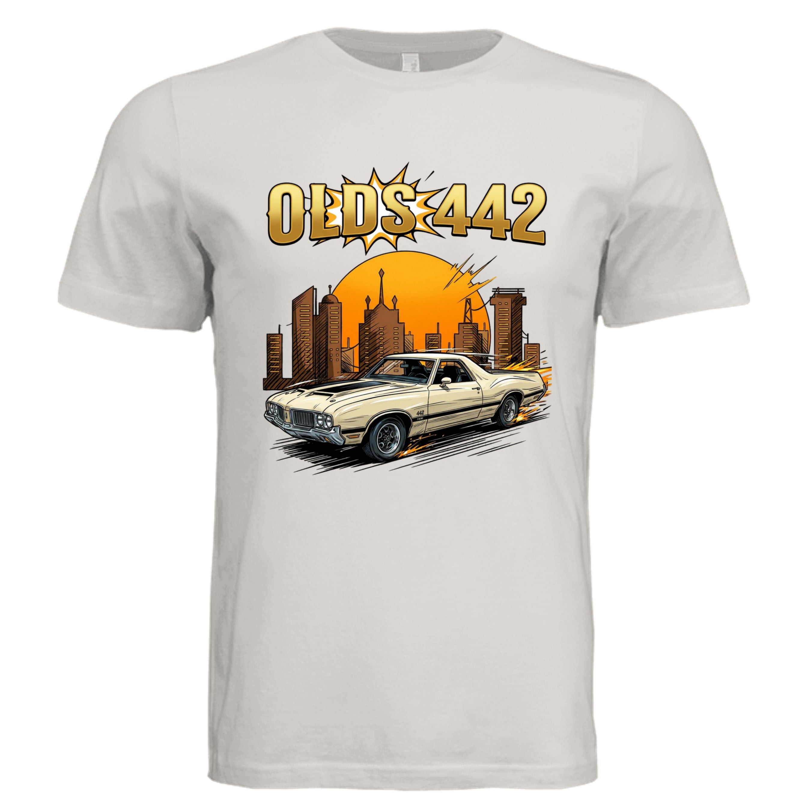 Vintage White - 3001C - FRONT-Oldsmobile 442 comic car lover graphic tee— Carz collection by Stu Borncat Creations