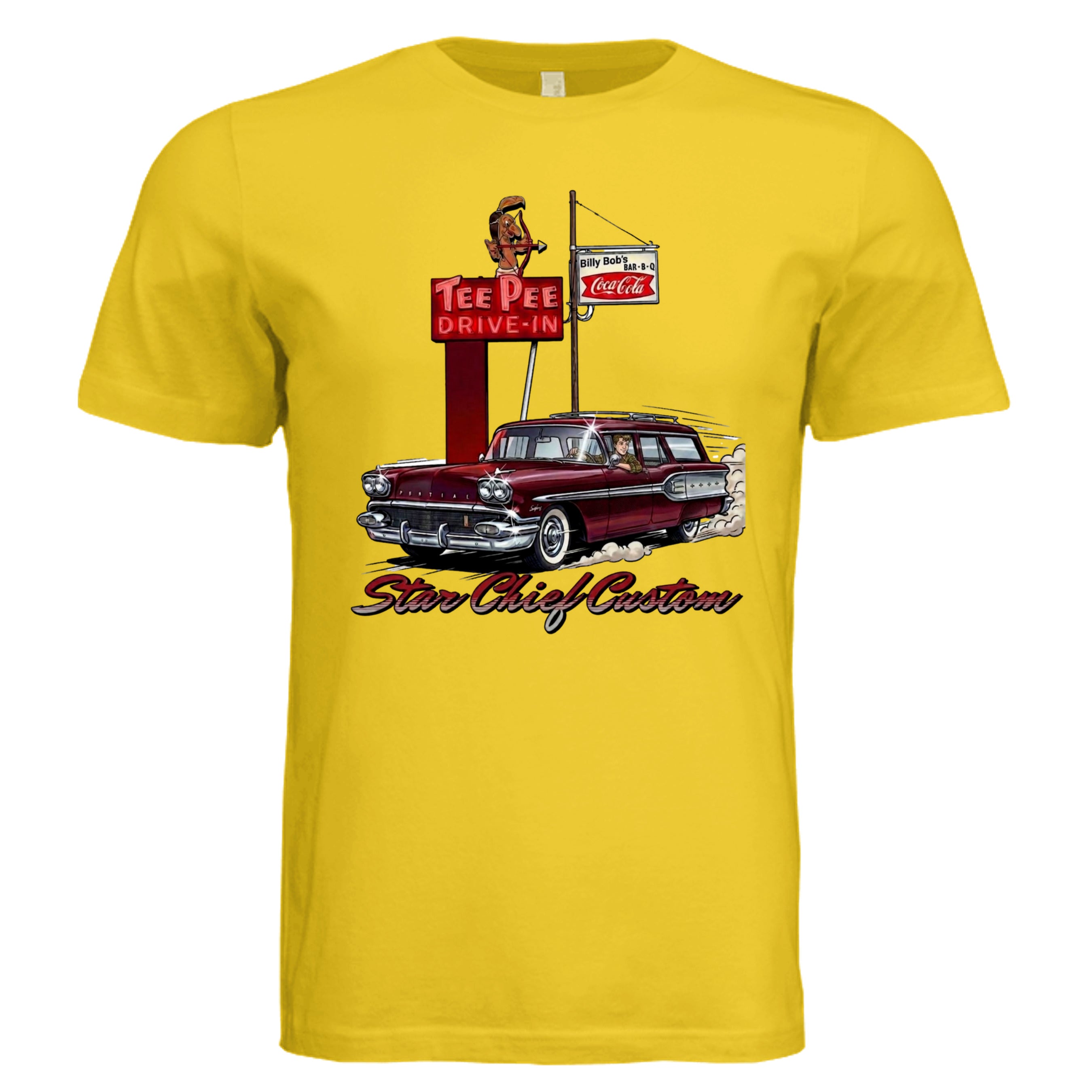 MAIZE YELLOW - 3001C - FRONT-Pontiac Star Chief comic car lover graphic tee — Carz collection by Stu Borncat Creations