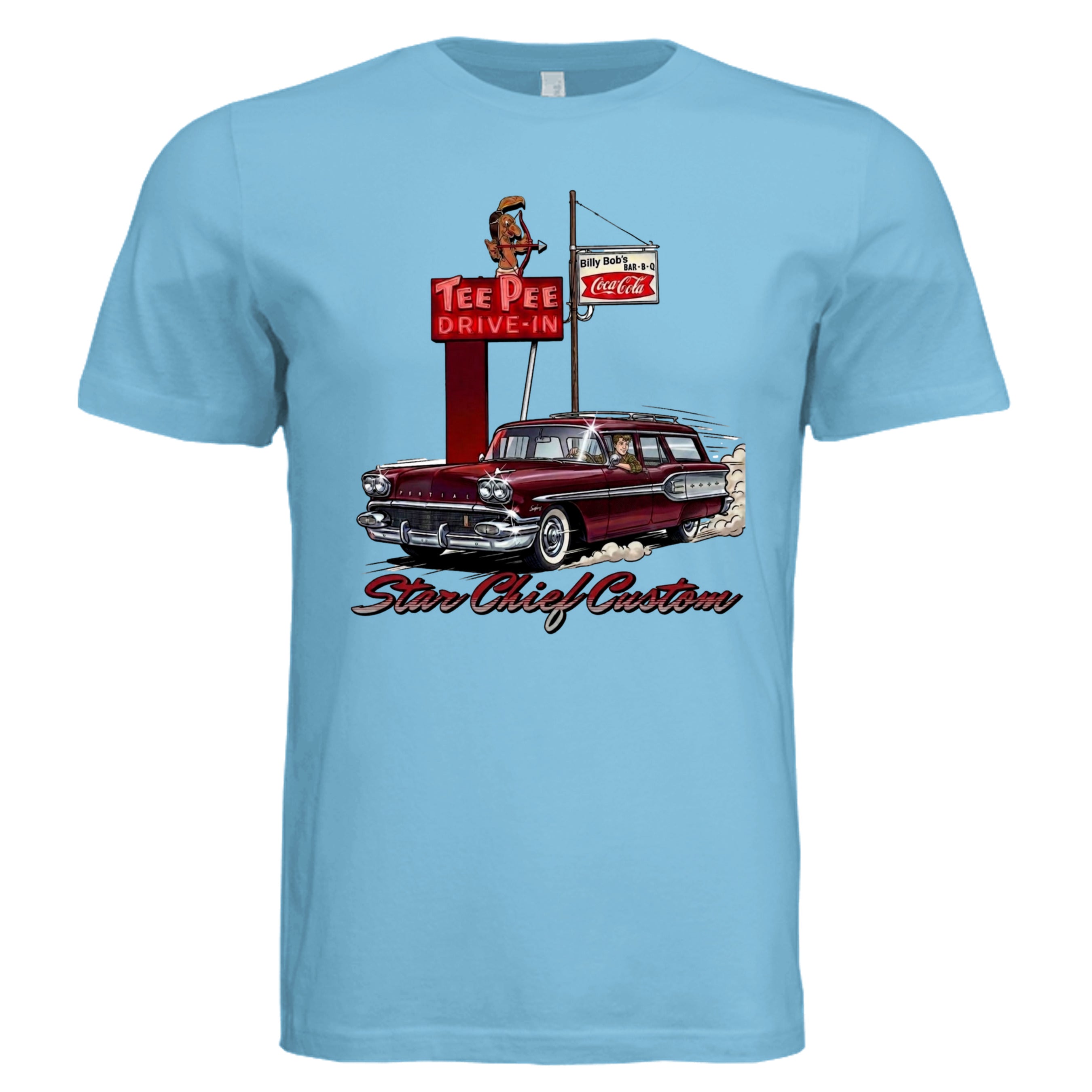 TURQUOISE - 3001C - FRONT-Pontiac Star Chief comic car lover graphic tee — Carz collection by Stu Borncat Creations