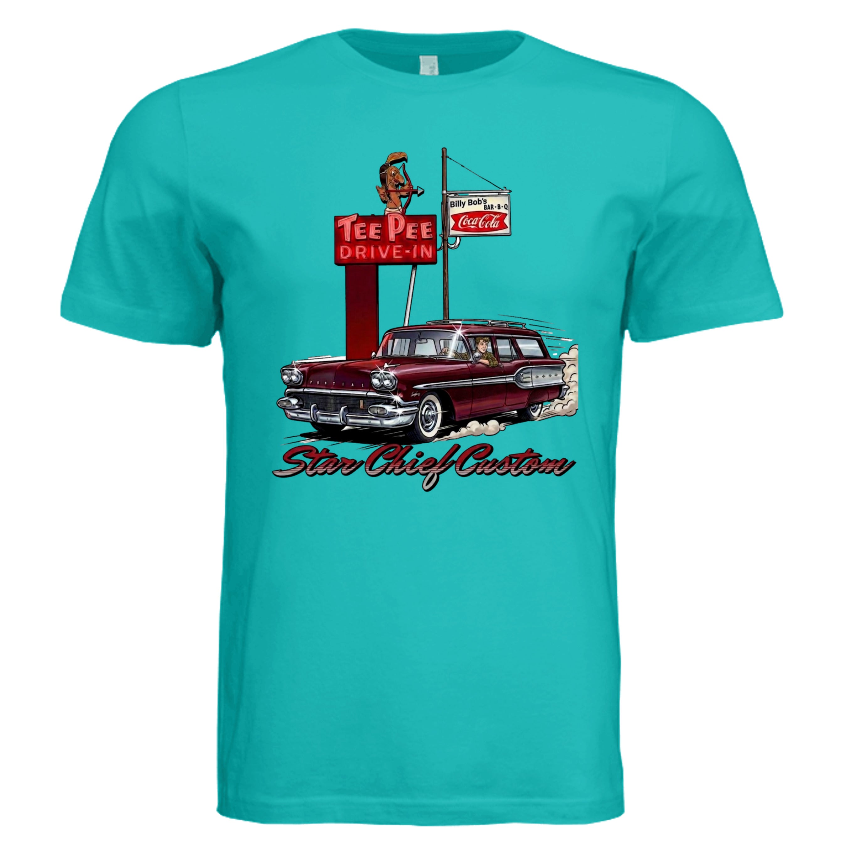 TEAL - 3001C - FRONT-Pontiac Star Chief comic car lover graphic tee — Carz collection by Stu Borncat Creations