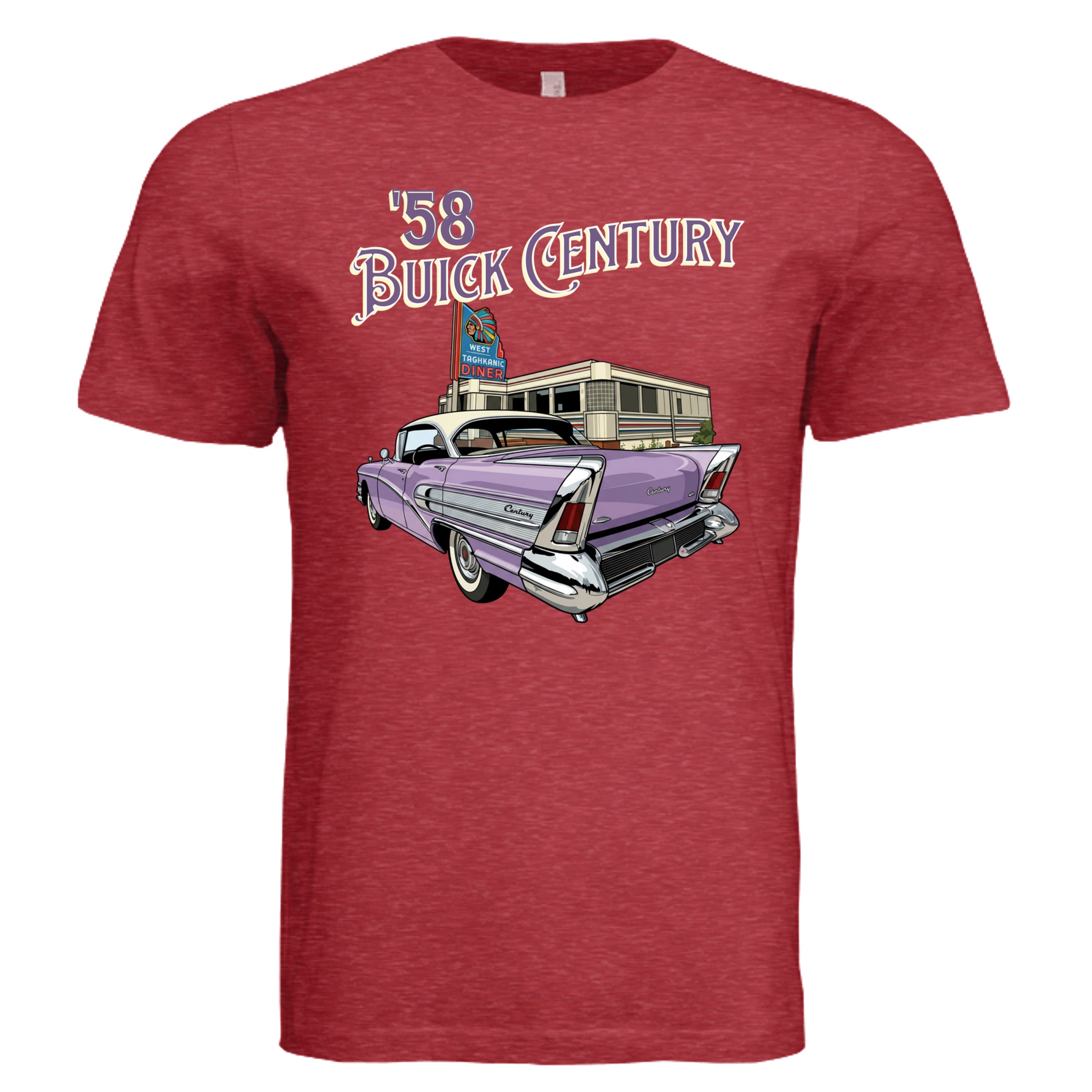 Vintage Red - 3001C - FRONT-1958 Buick Century bold graphic car lover tee — Carz collection by Stu Borncat Creation
