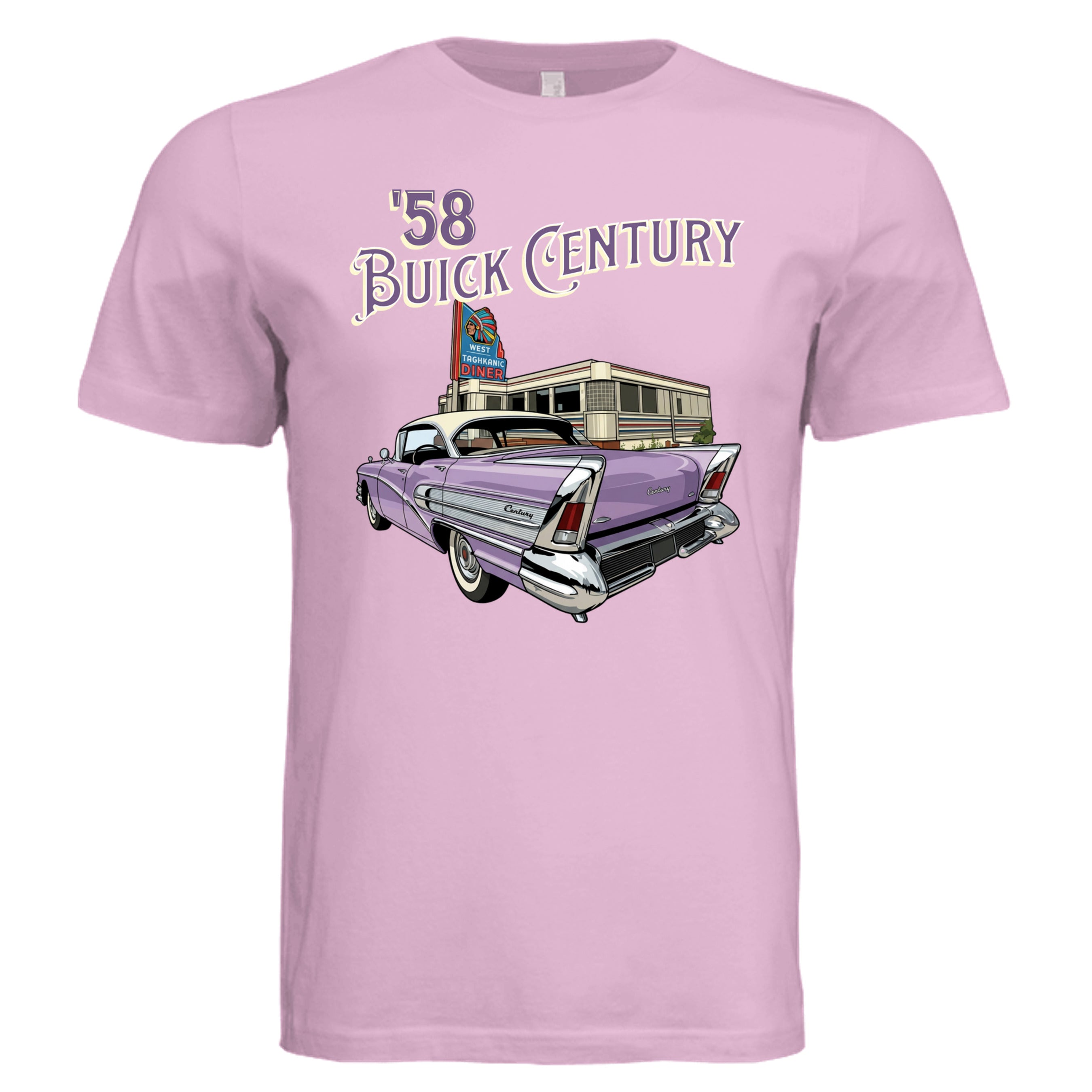Lilac - 3001C - FRONT-1958 Buick Century bold graphic car lover tee — Carz collection by Stu Borncat Creation