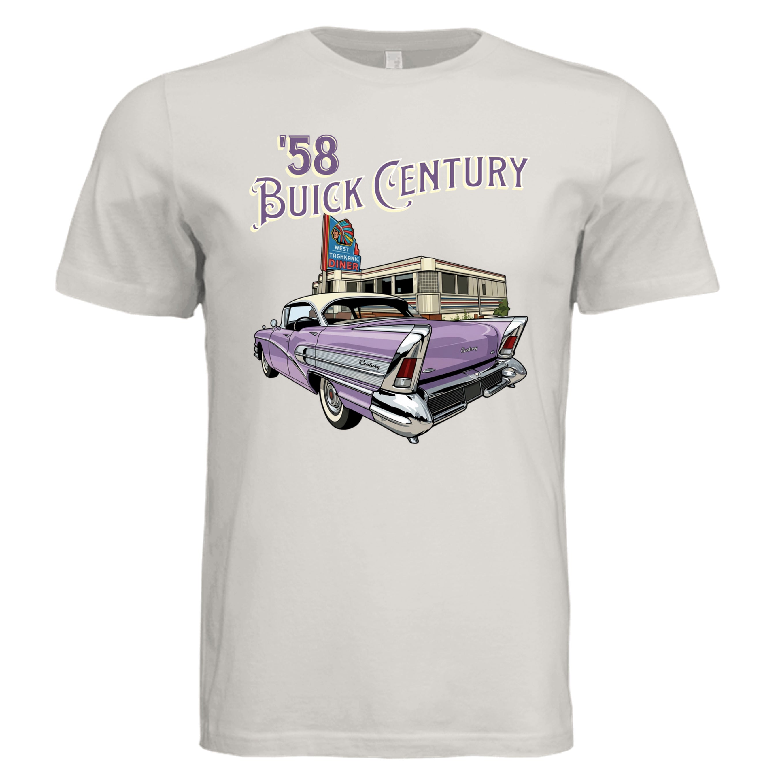 Vintage White - 3001C - FRONT-1958 Buick Century bold graphic car lover tee — Carz collection by Stu Borncat Creation