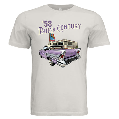 Vintage White - 3001C - FRONT-1958 Buick Century bold graphic car lover tee — Carz collection by Stu Borncat Creation