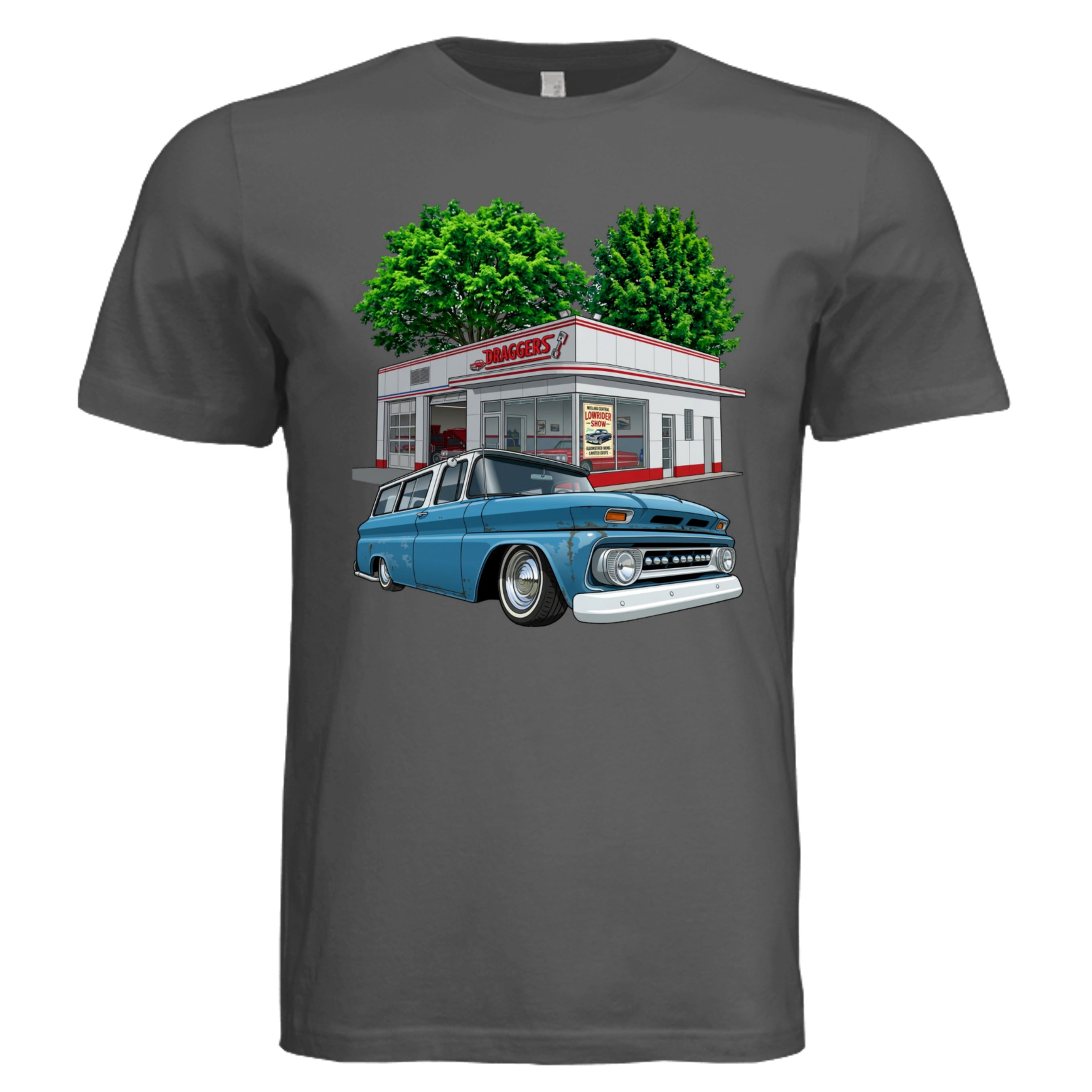 ASPHALT - 3001C - FRONT-Dragger lowrider bold graphic tee — Carz collection by Stu Borncat Creations