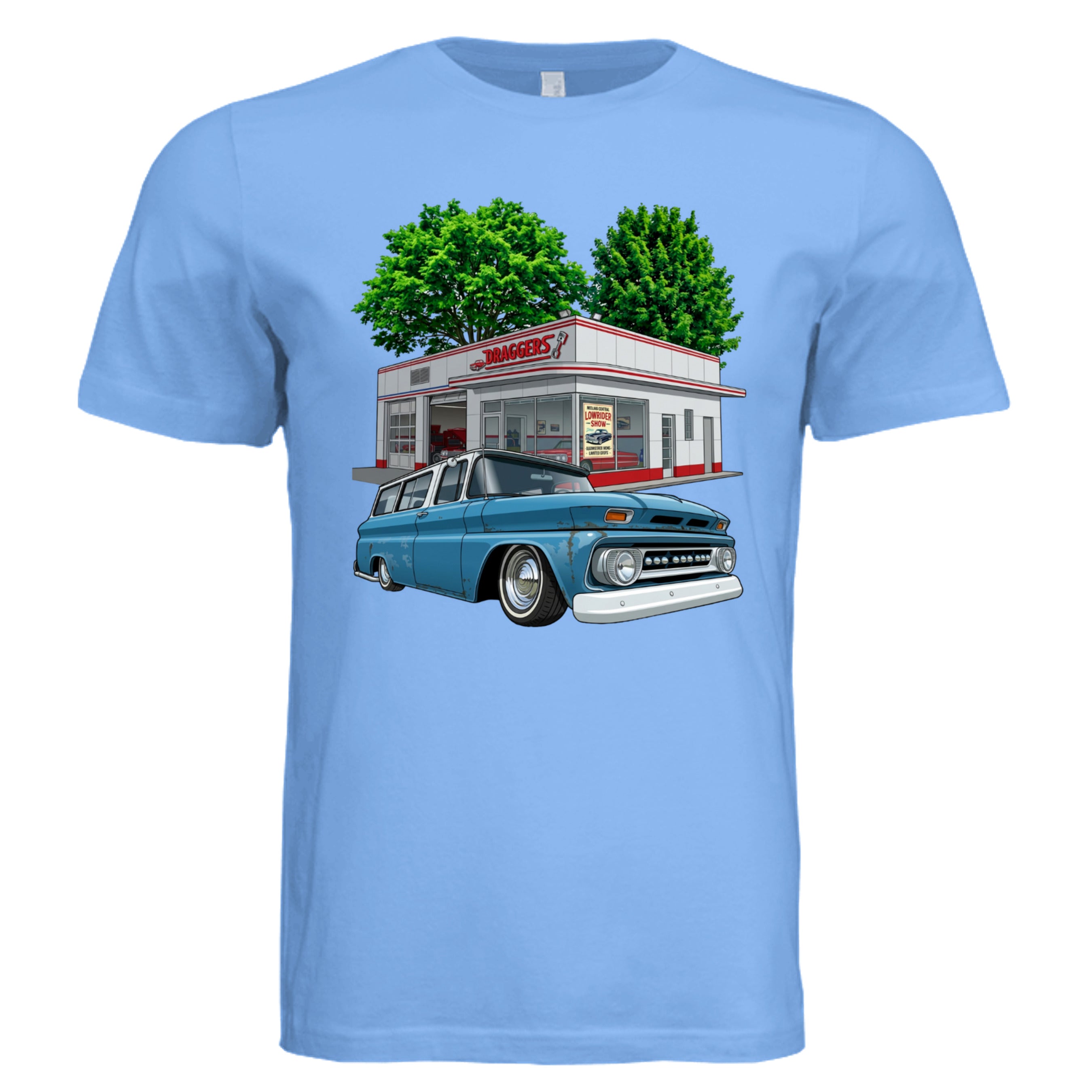 BABY BLUE - 3001C - FRONT-Dragger lowrider bold graphic tee — Carz collection by Stu Borncat Creations