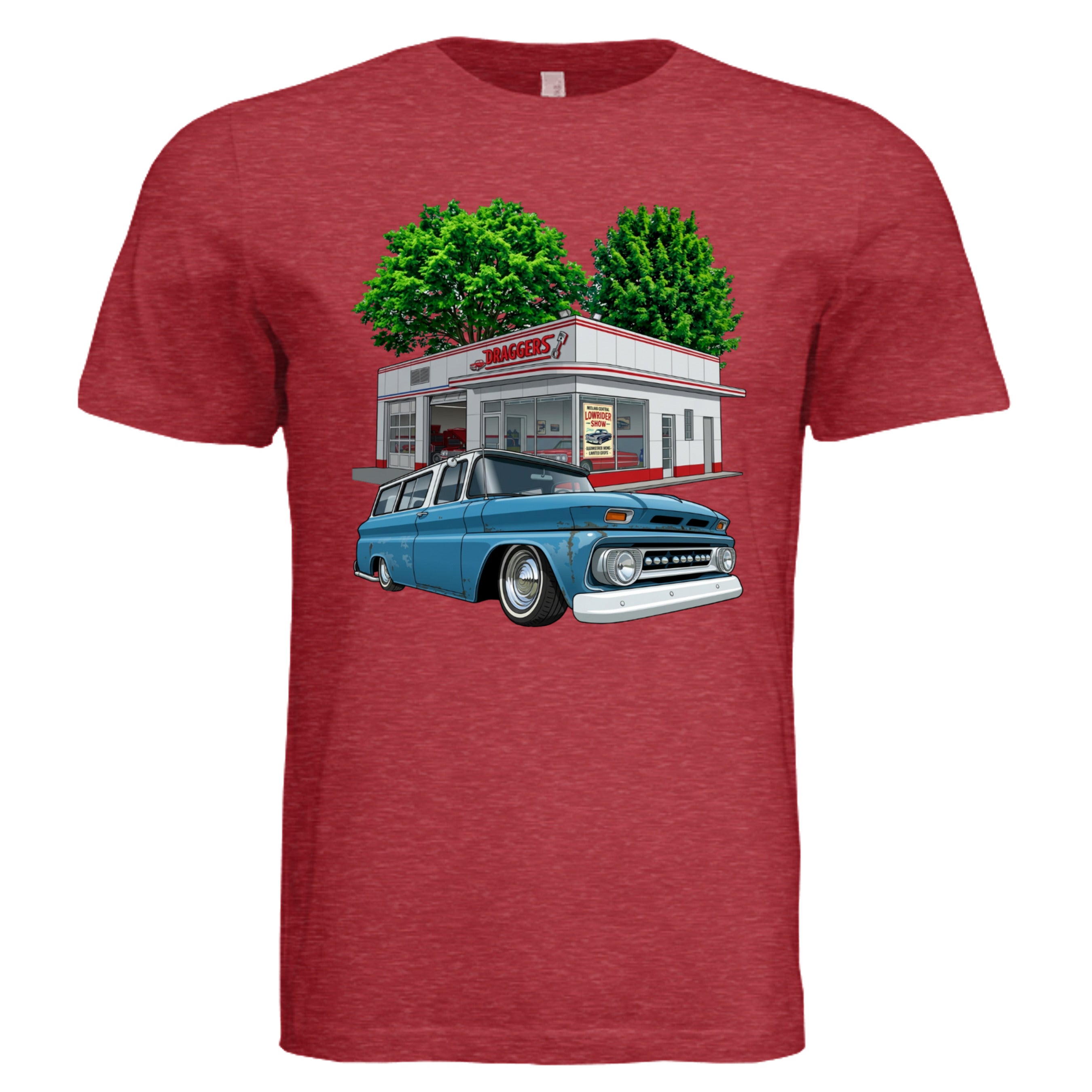 Vintage Red - 3001C - FRONT-Dragger lowrider bold graphic tee — Carz collection by Stu Borncat Creations