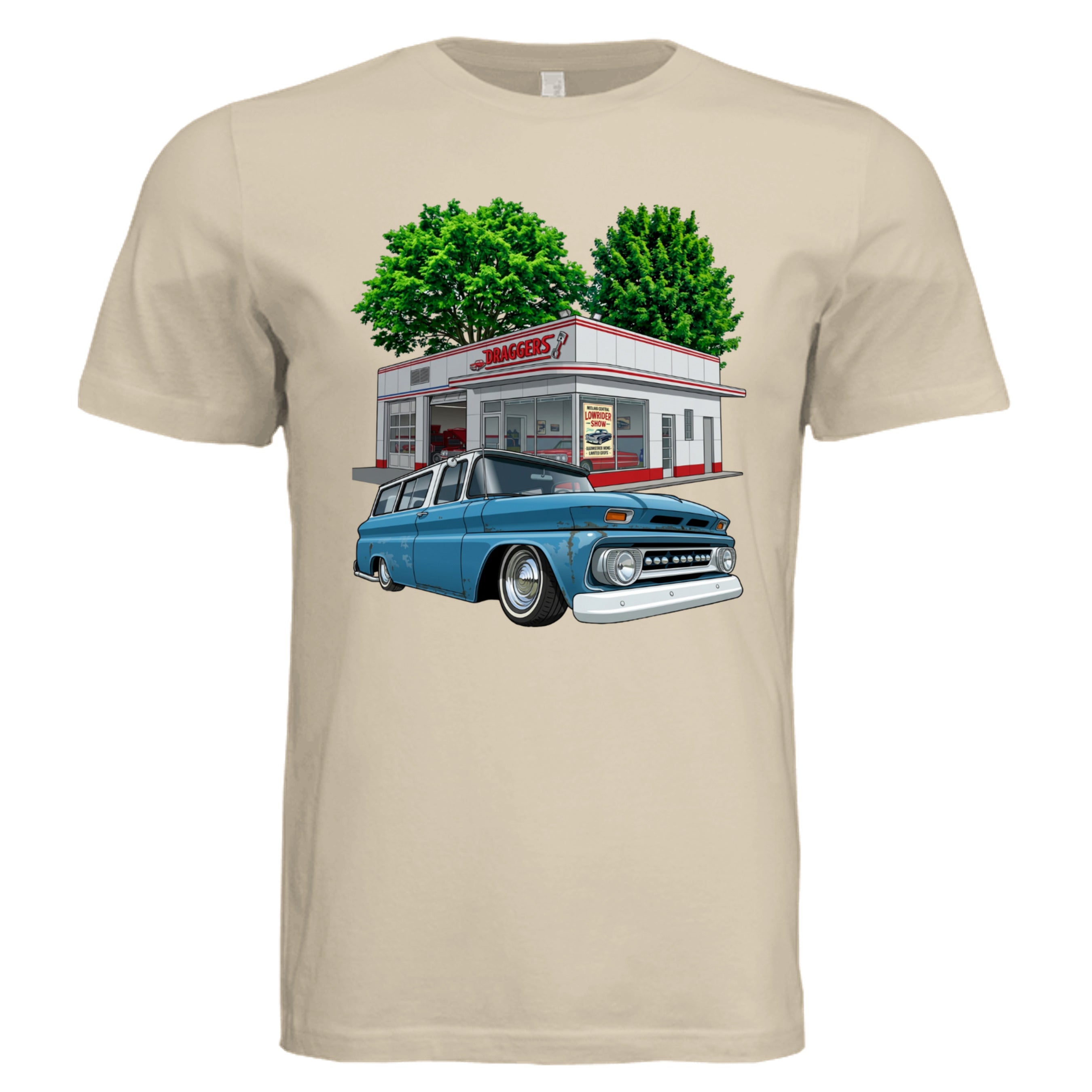 SOFT CREAM - 3001C - FRONT-Dragger lowrider bold graphic tee — Carz collection by Stu Borncat Creations