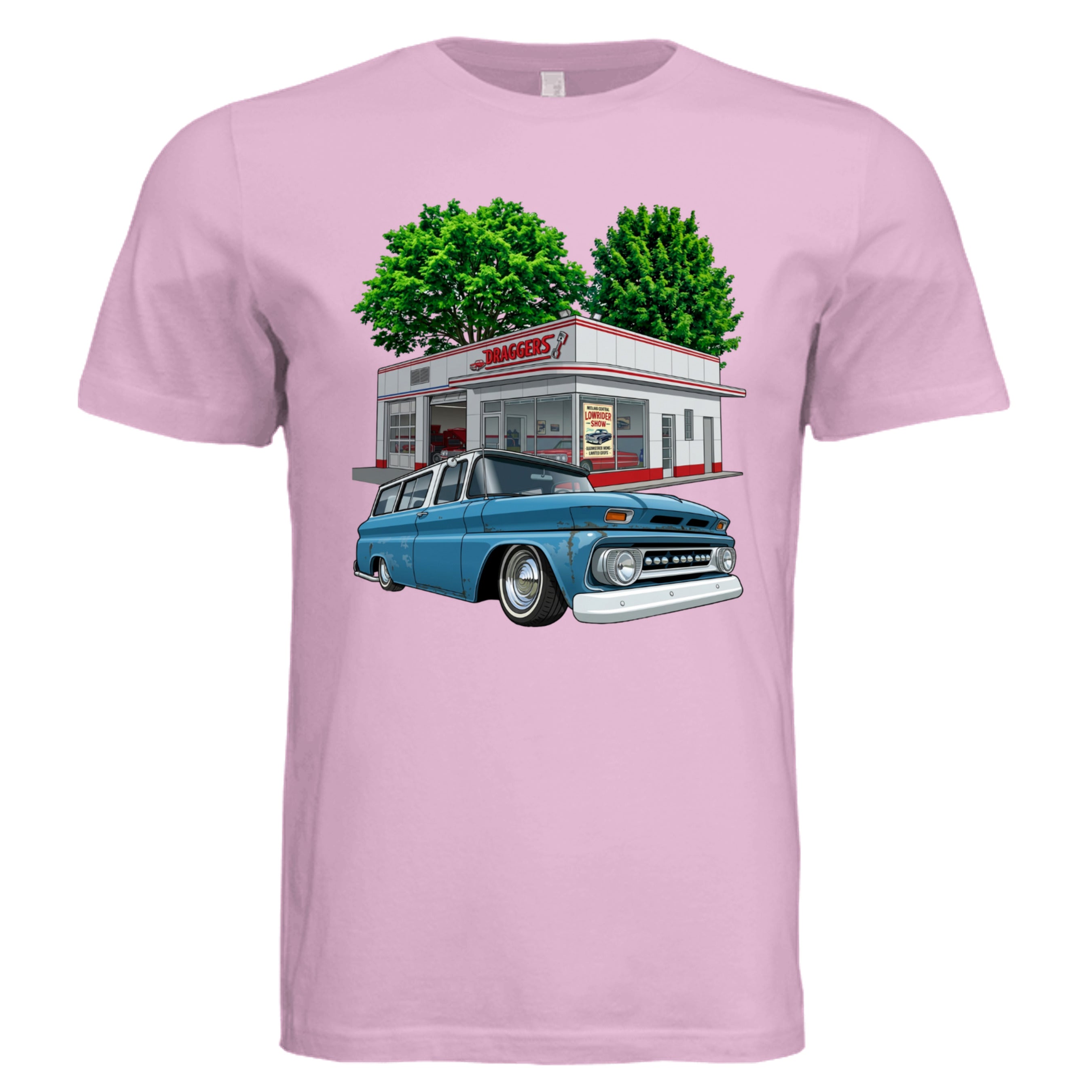 Lilac - 3001C - FRONT-Dragger lowrider bold graphic tee — Carz collection by Stu Borncat Creations