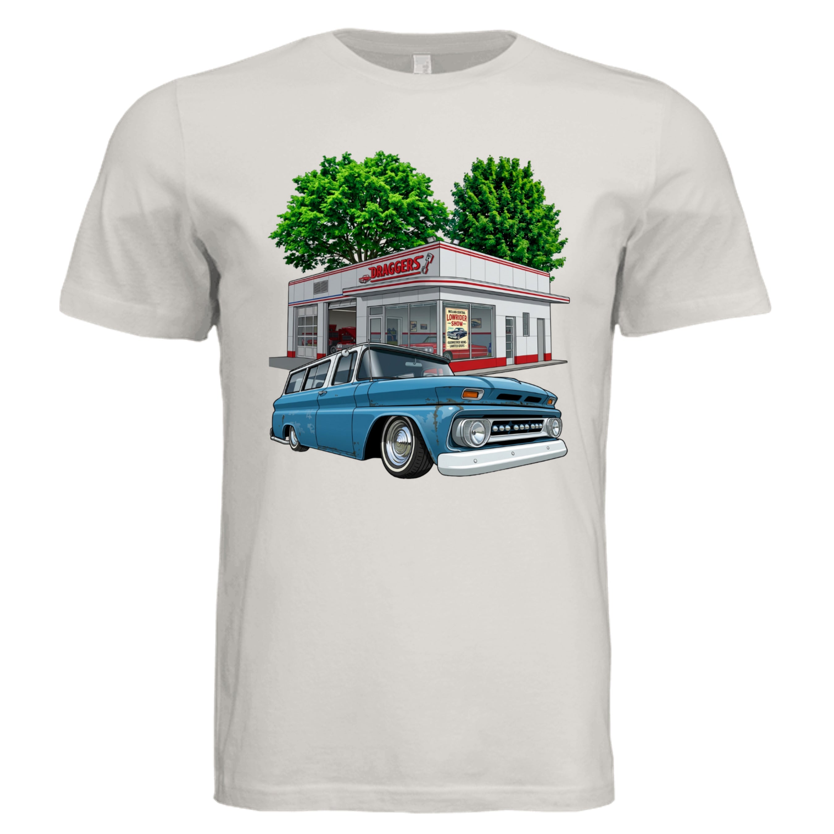 Vintage White - 3001C - FRONT-Dragger lowrider bold graphic tee — Carz collection by Stu Borncat Creations