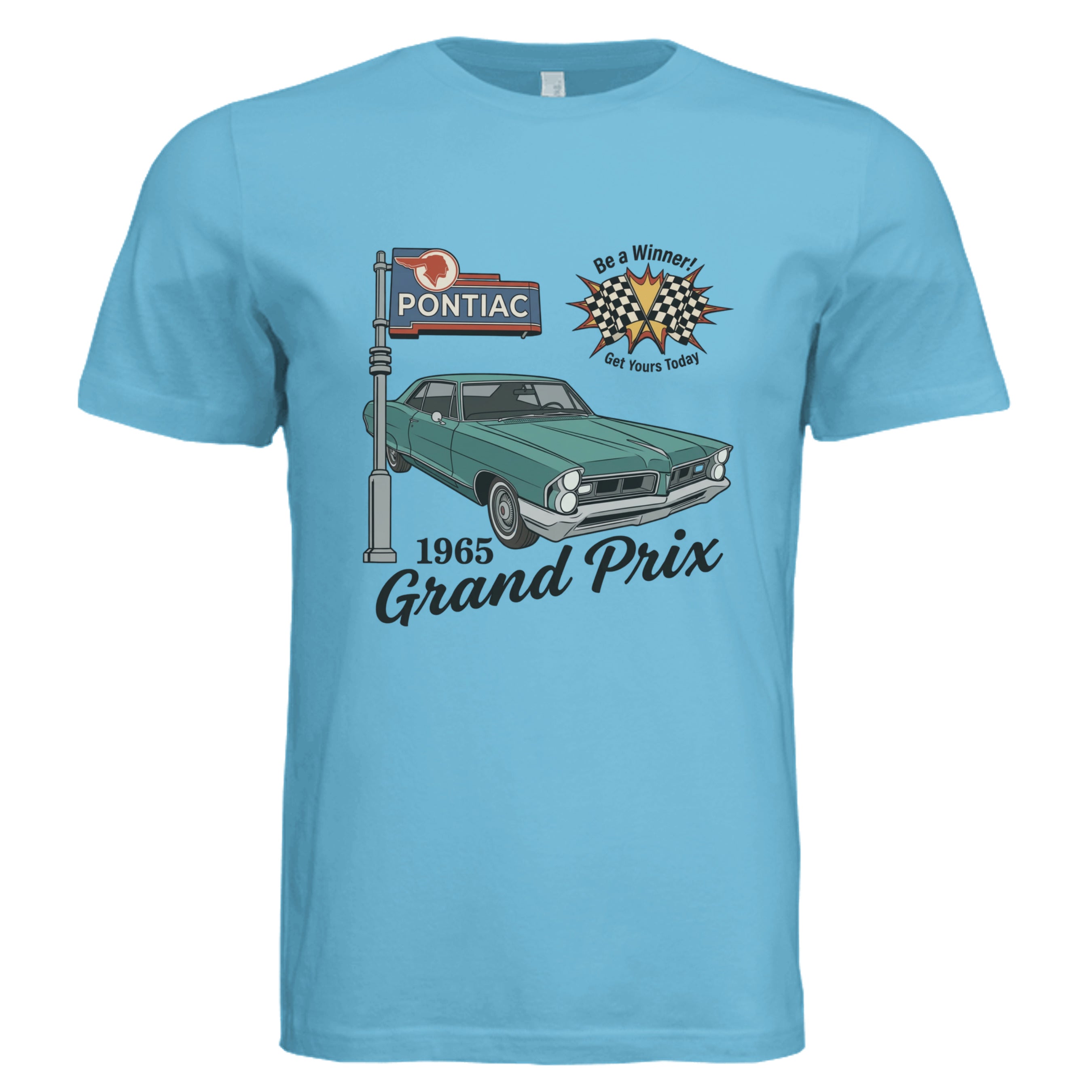 OCEAN BLUE - 3001C - FRONT-1965 Pontiac Grand Prix retro car lover graphic tee  — Carz collection by Stu Borncat Creations