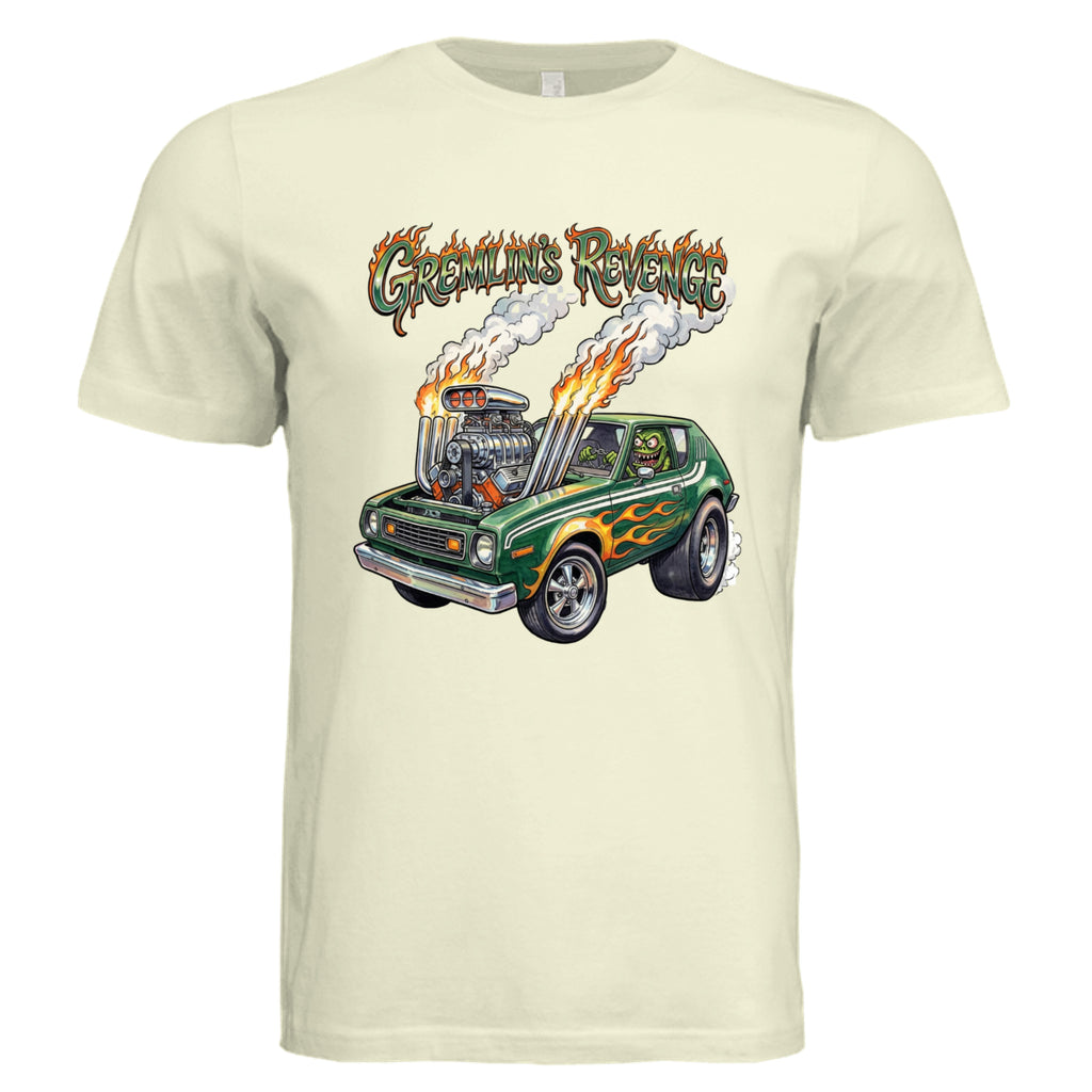 NATURAL - 3001C - FRONT-Gremlin's Revenge monster hot rod graphic tee— Carz collection by Stu Borncat Creations
