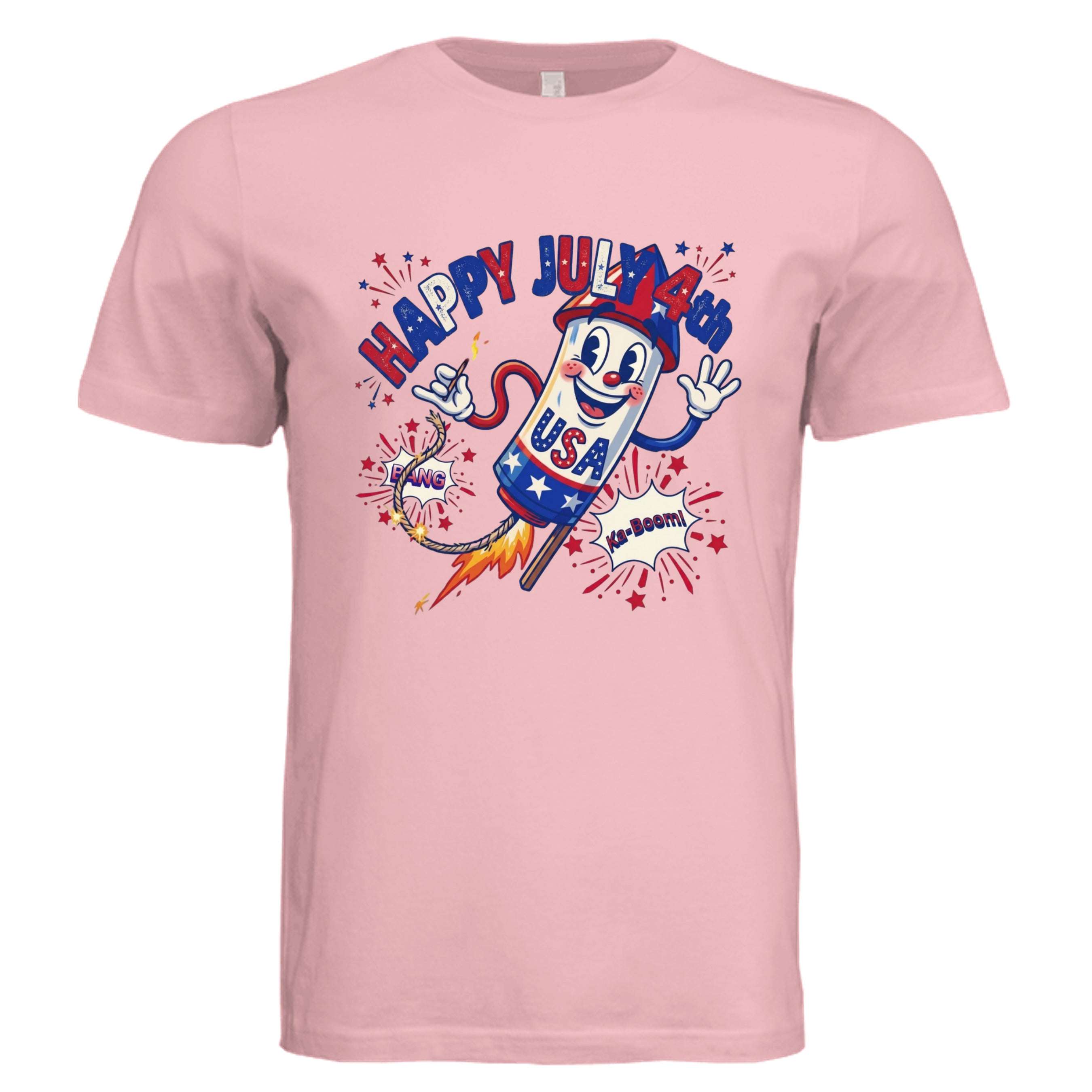 SOFT PINK  Happy July 4th retro rubber hose rocket graphic tee  — patriotic DTF print by Stu Borncat Creations