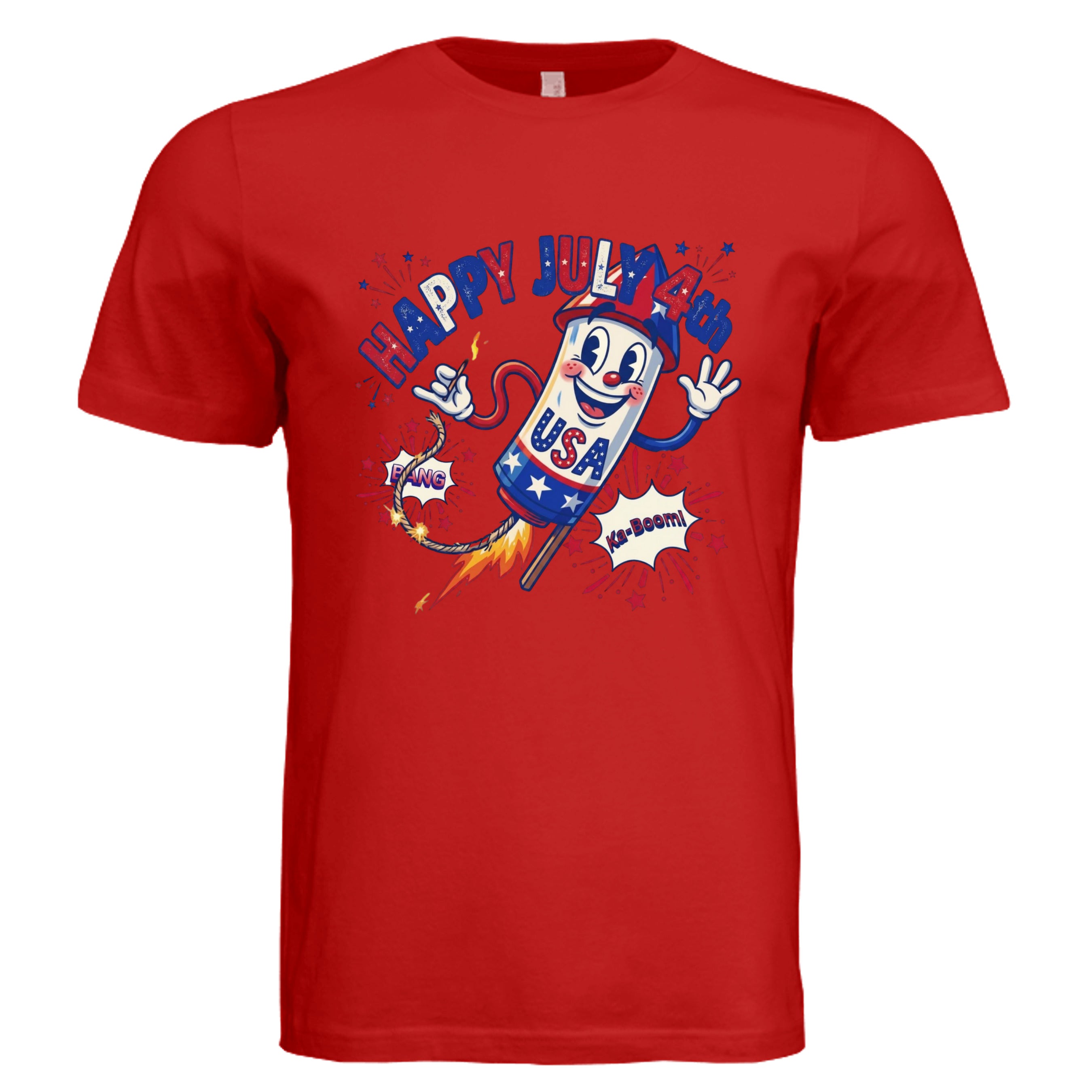 RED -  Happy July 4th retro rubber hose rocket graphic tee  — patriotic DTF print by Stu Borncat 