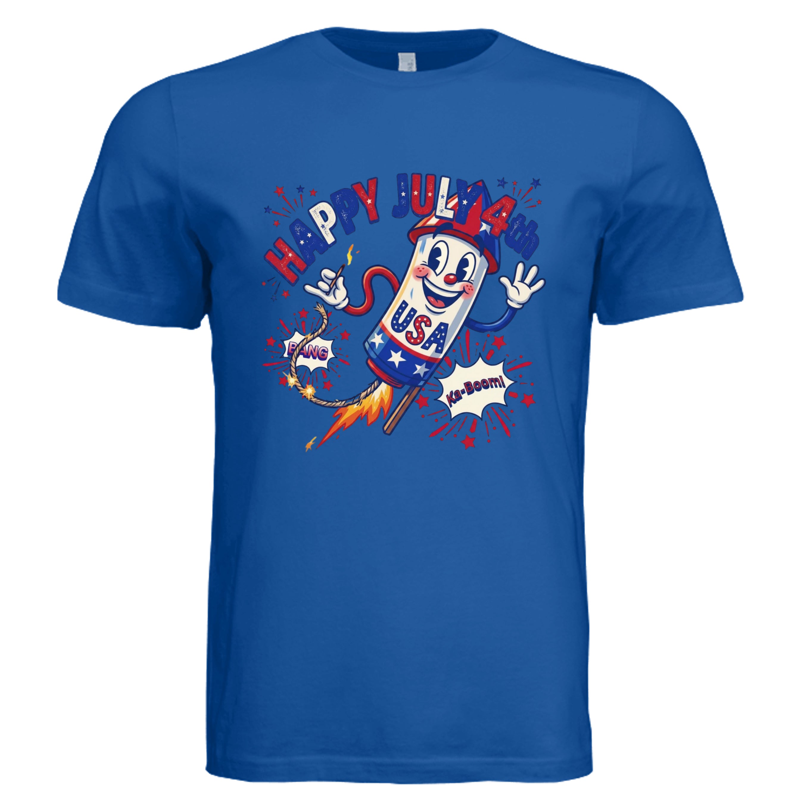Happy July 4th retro rubber hose rocket graphic tee in true royal— patriotic DTF print by Stu Borncat Creations
