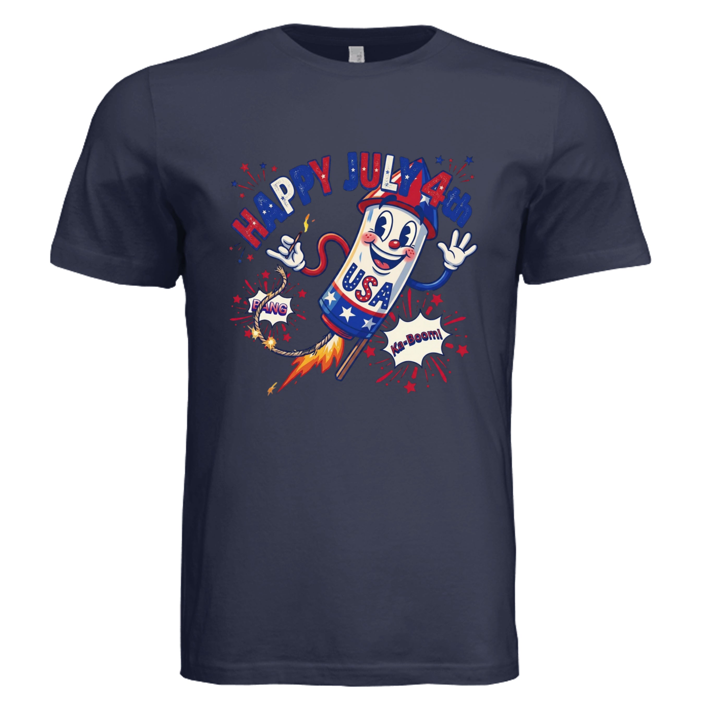 NAVY -  Happy July 4th retro rubber hose rocket graphic tee  — patriotic DTF print by Stu Borncat 