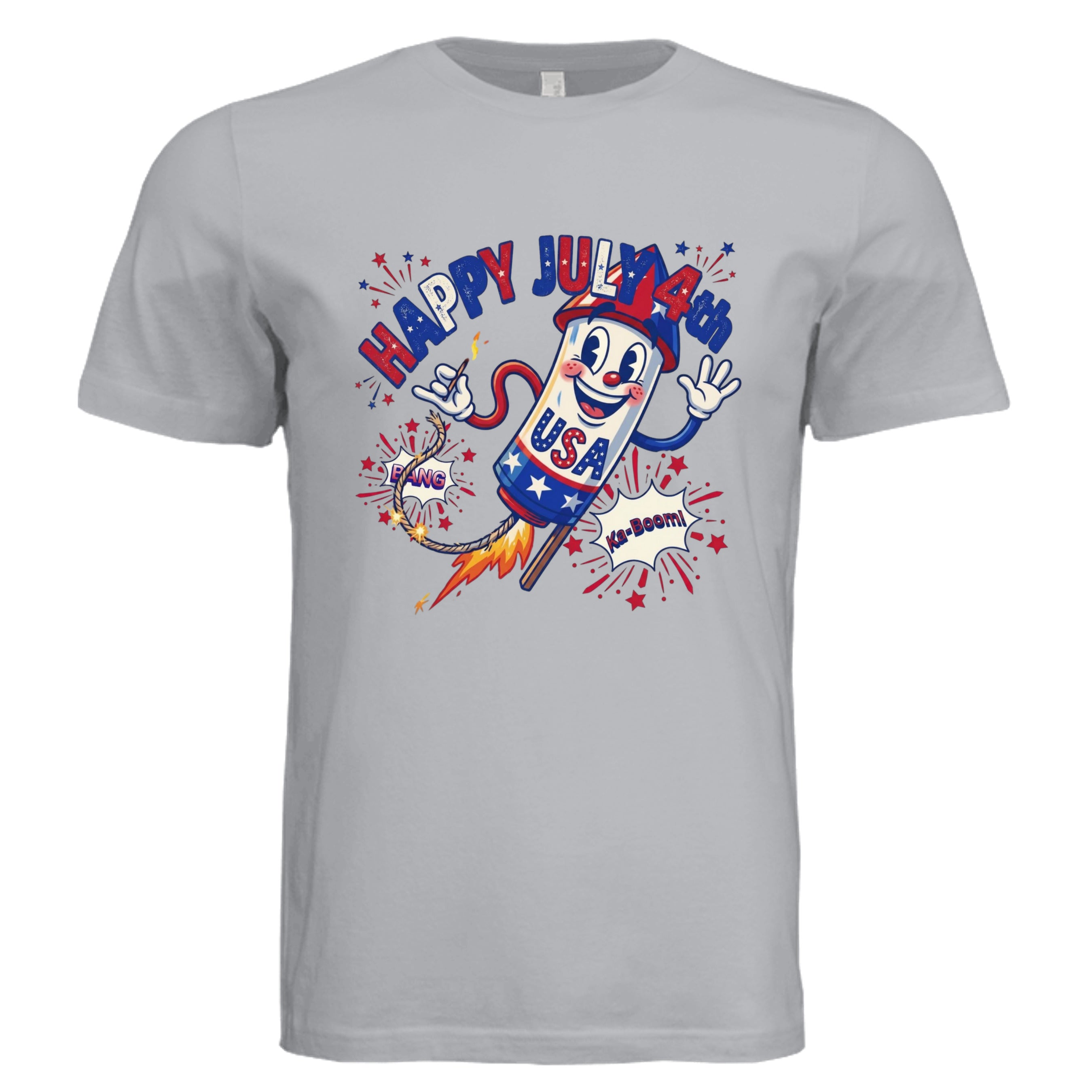 Happy July 4th retro rubber hose rocket graphic tee in solid athletic gray — patriotic DTF print by Stu Borncat Creations