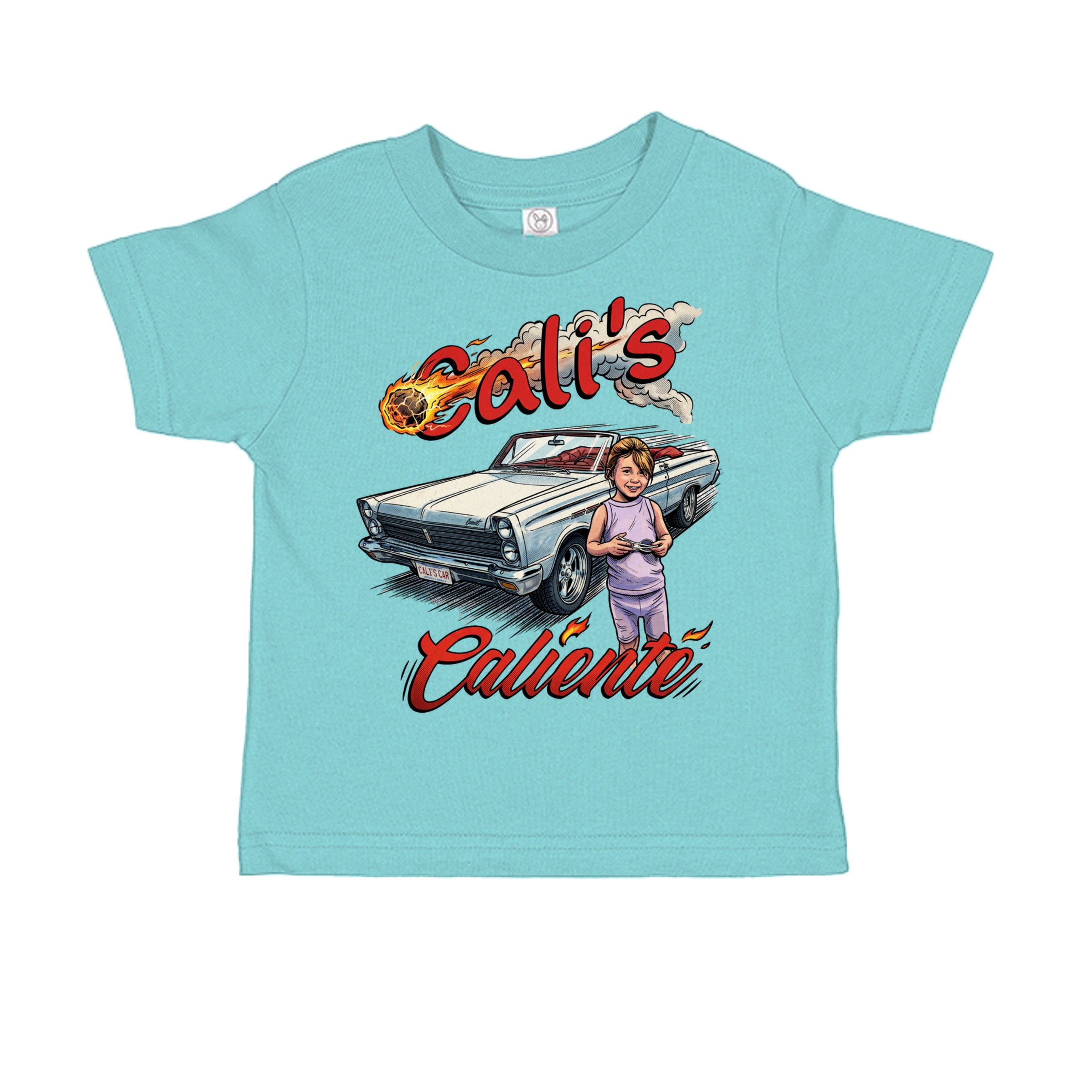 CHILL - RS3301 - FRONT-Cali's Caliente comic car lover toddler t-shirt in Chill — front view, custom print-on-demand by Stu Borncat Creations