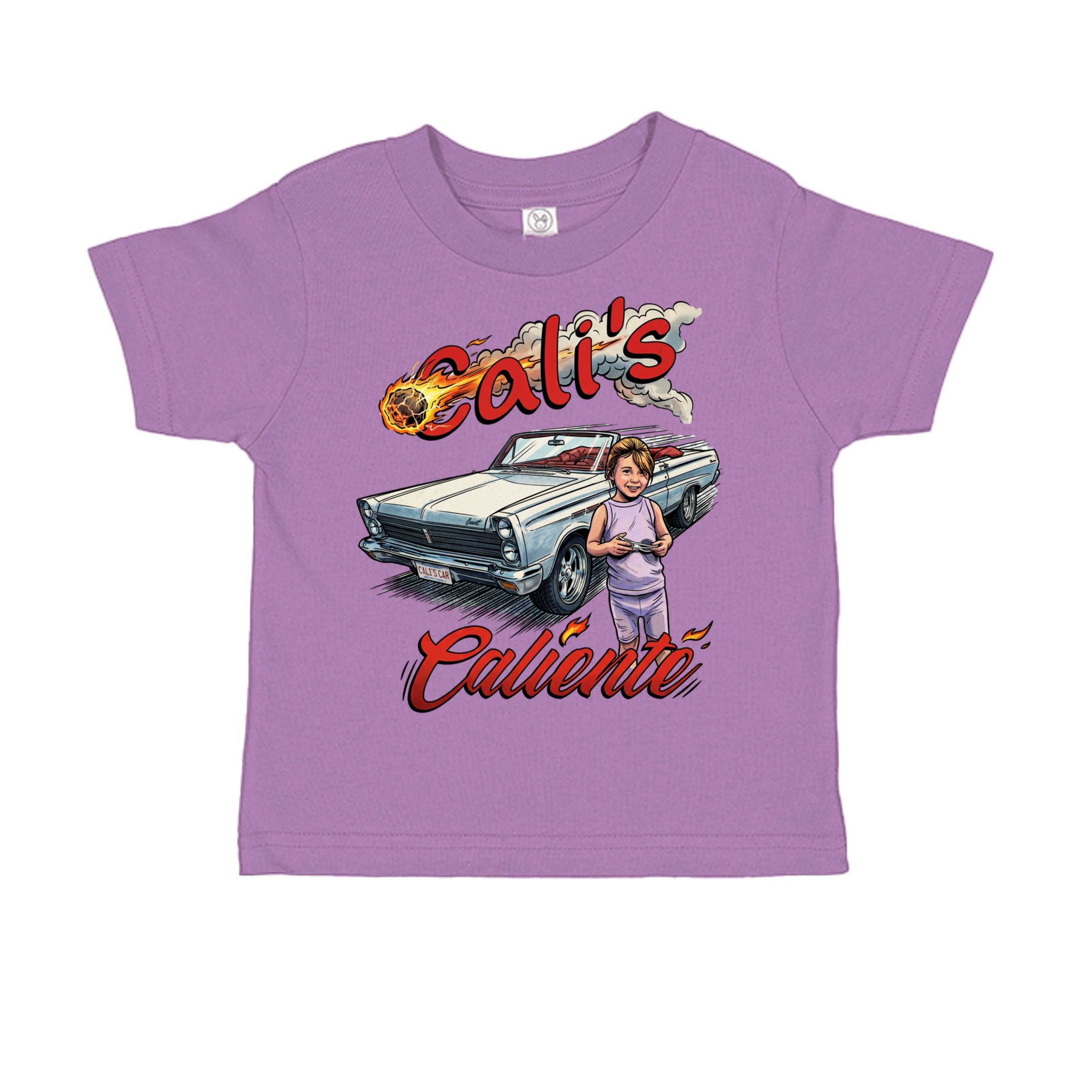 Cali's Caliente comic car lover toddler t-shirt in lavender— front view, custom print-on-demand by Stu Borncat Creations