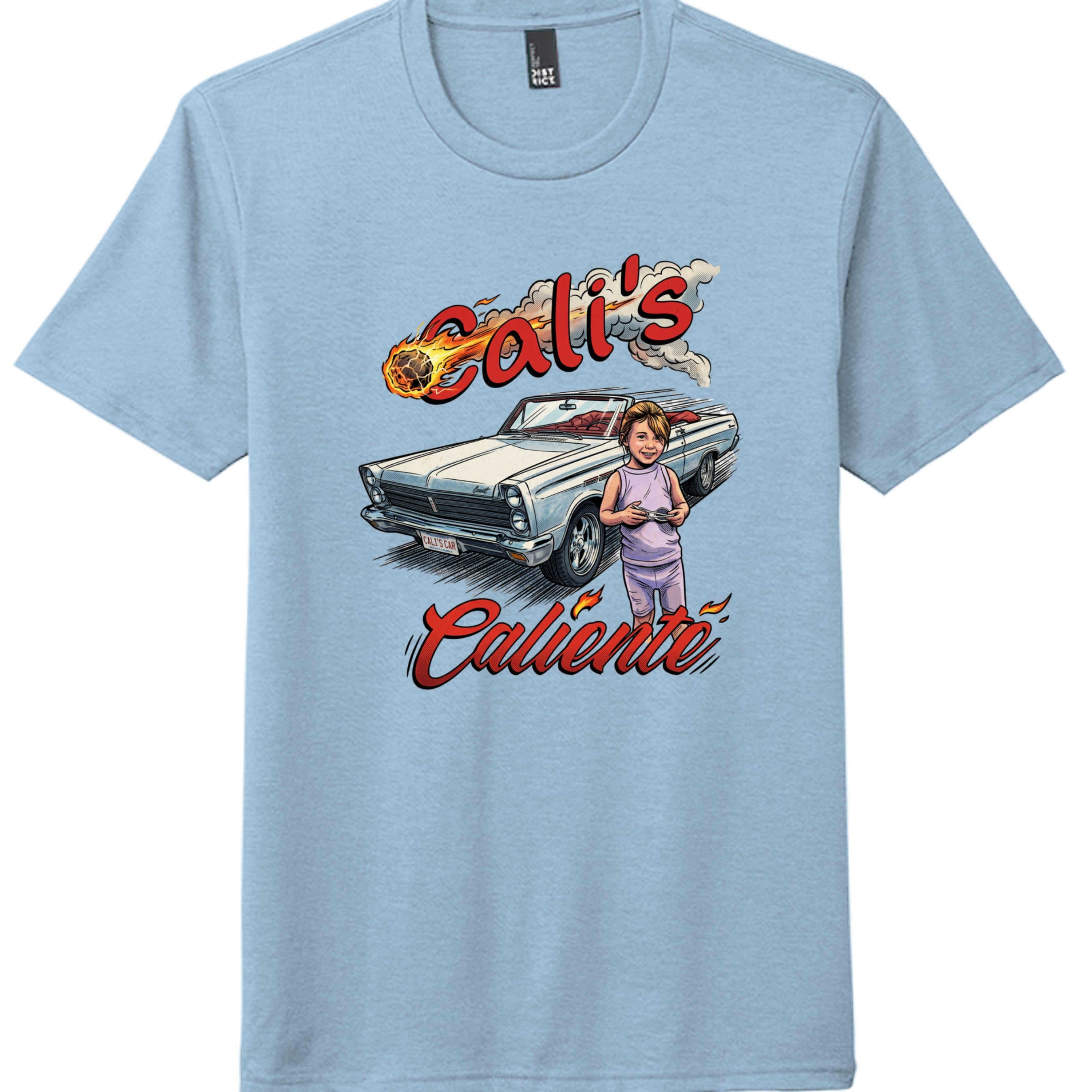 Cali's Caliente comic car lover adult t-shirt in Ice Blue — front view, custom print-on-demand by Stu Borncat Creations