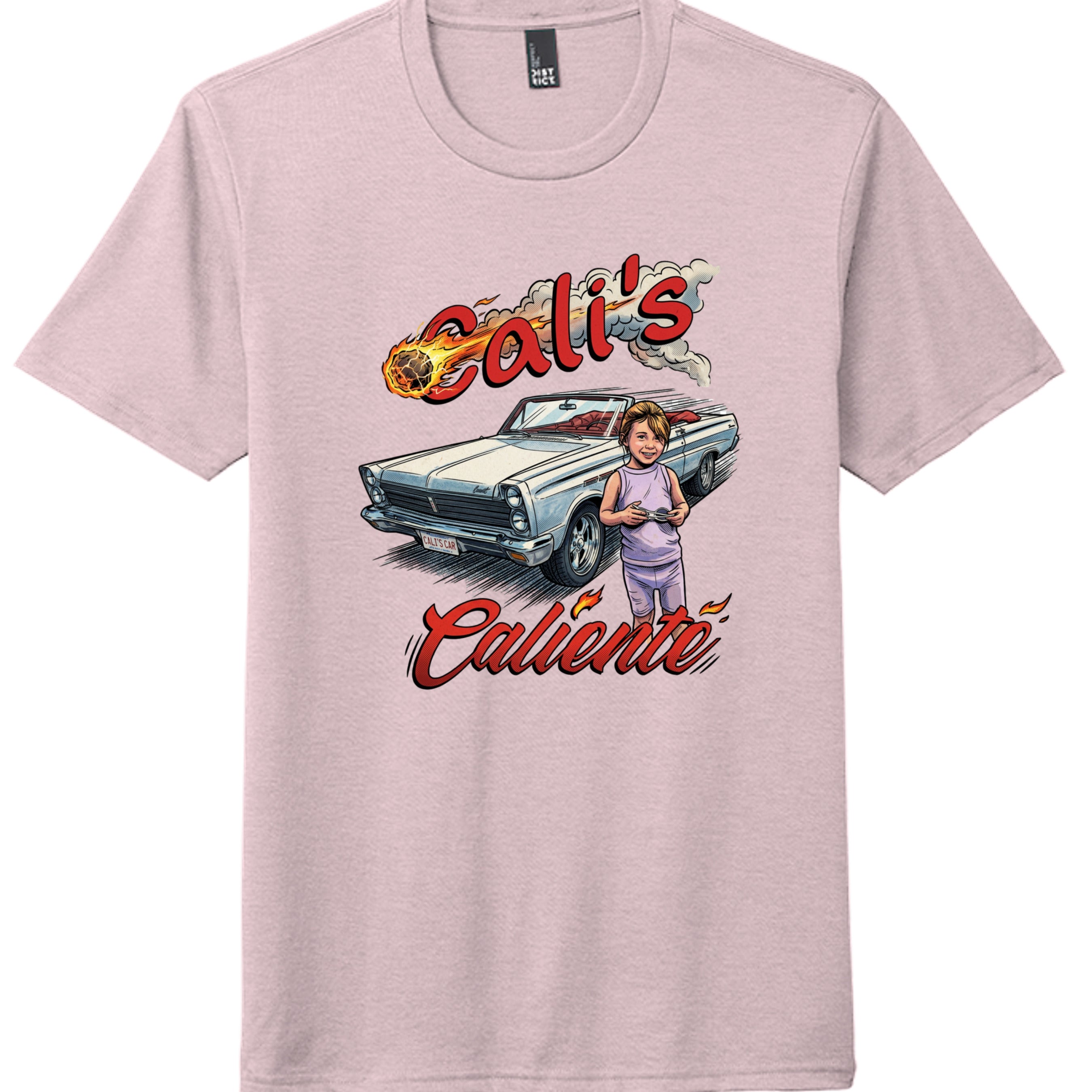 Cali's Caliente comic car lover adult t-shirt in Carnation Pink — front view, custom print-on-demand by Stu Borncat Creations