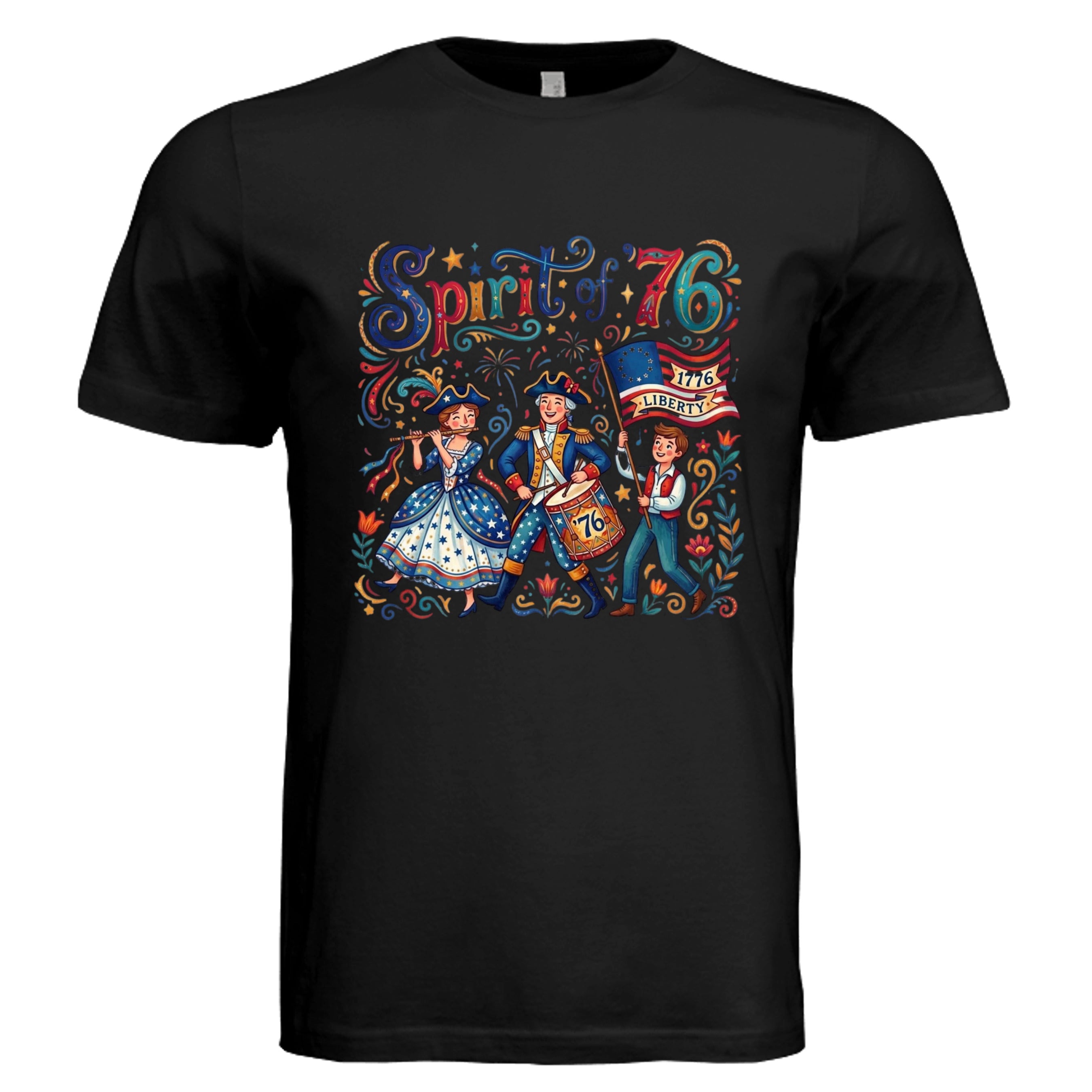 VINTAGE BLACK -  Spirit of '76 fife and drum retro patriotic graphic tee — Americana DTF print by Stu Borncat Creations