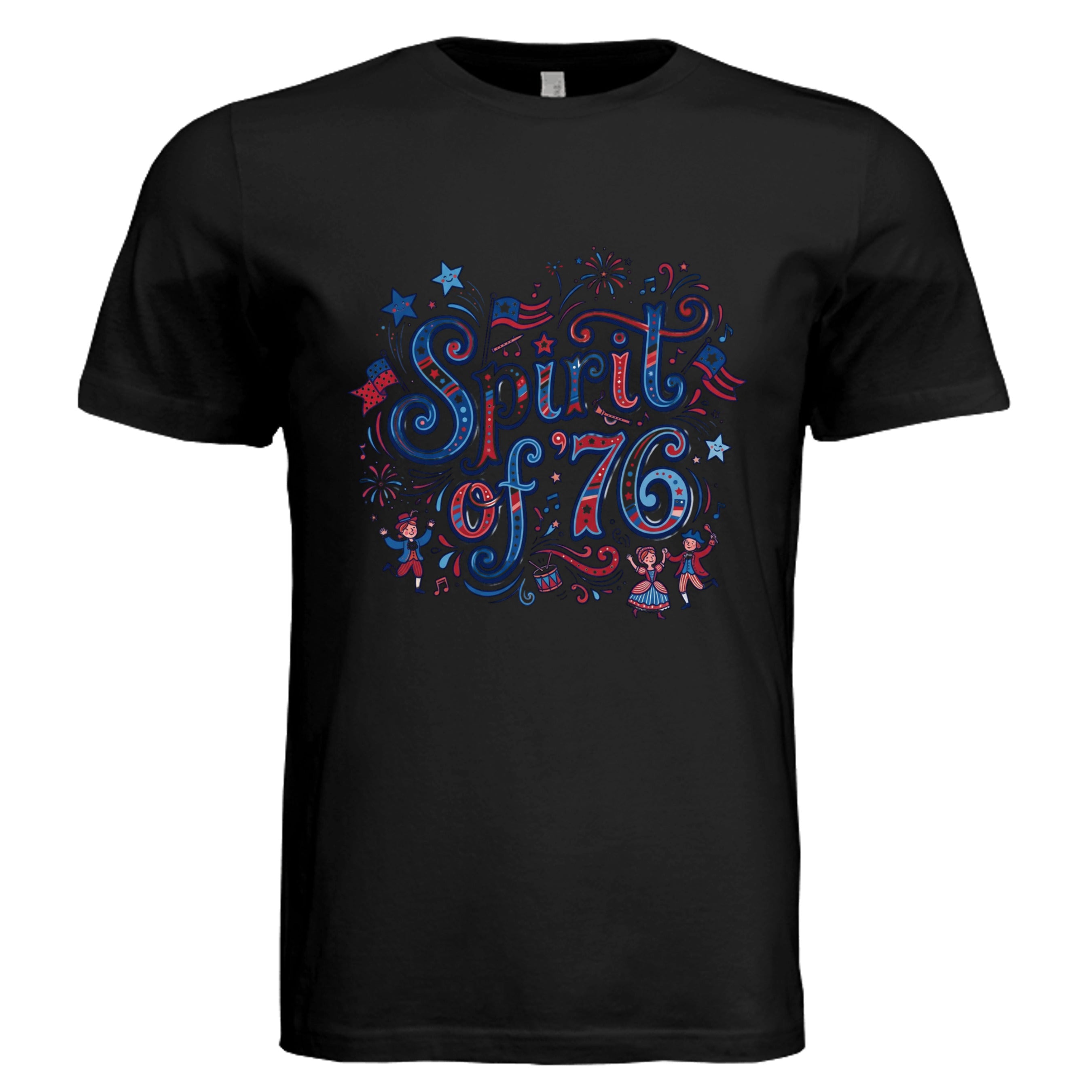 VINTAGE BLACK -  Spirit of '76 red white and blue retro patriotic graphic tee — Independence Day DTF print by Stu Borncat Creations