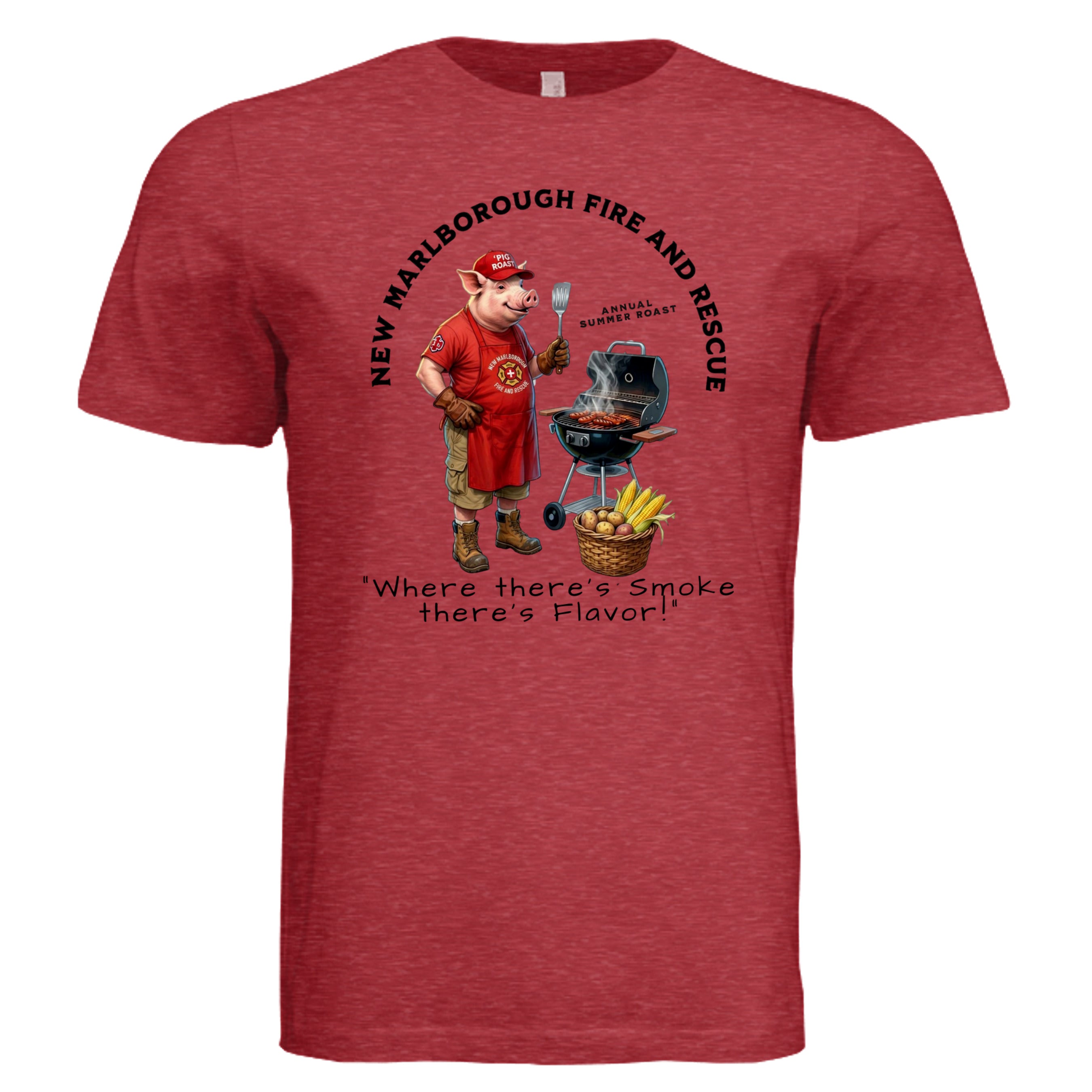 Vintage Red - 3001C - FRONT-New Marlborough Fire & Rescue Pig Roast graphic tee 