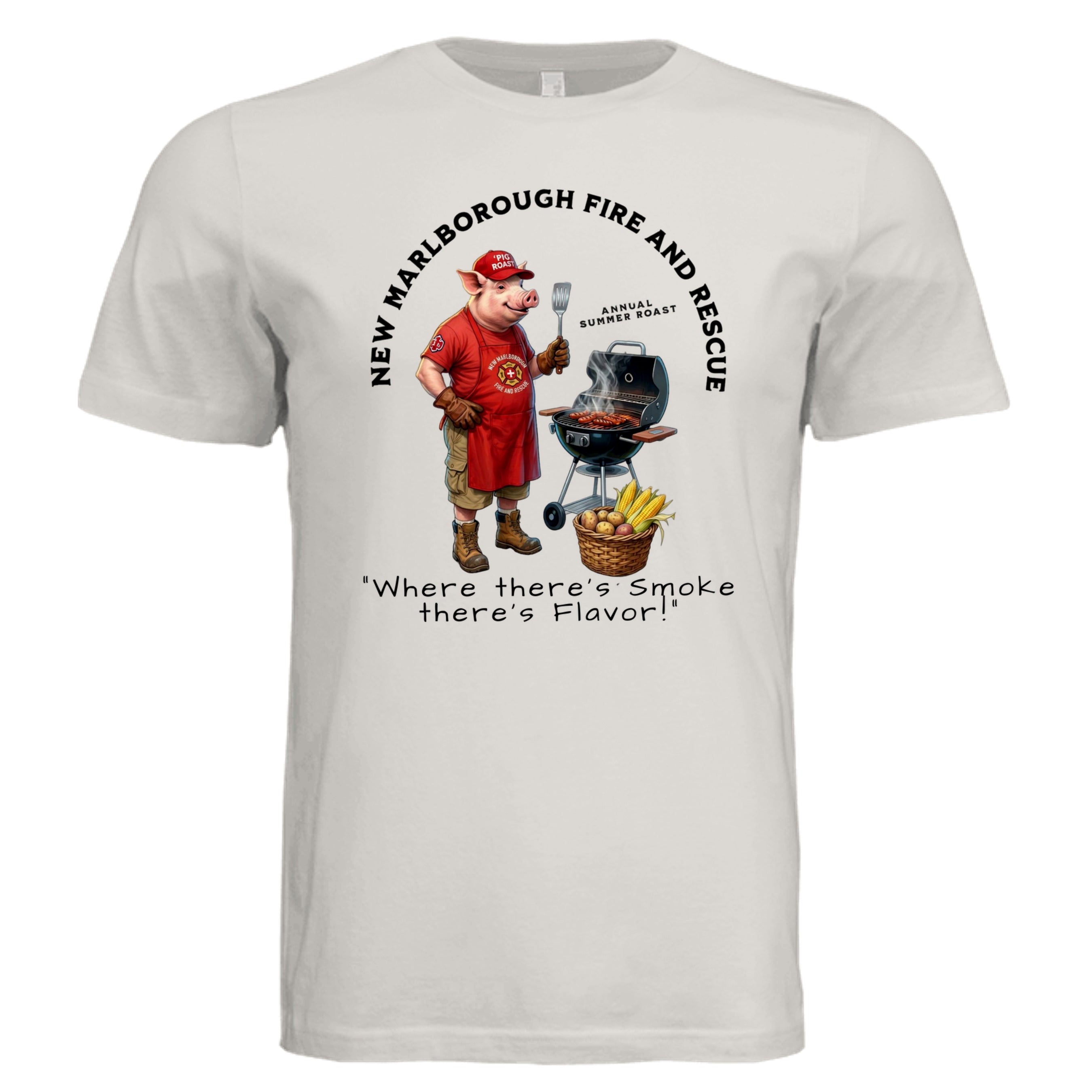 Vintage White - 3001C - FRONT-New Marlborough Fire & Rescue Pig Roast graphic tee 