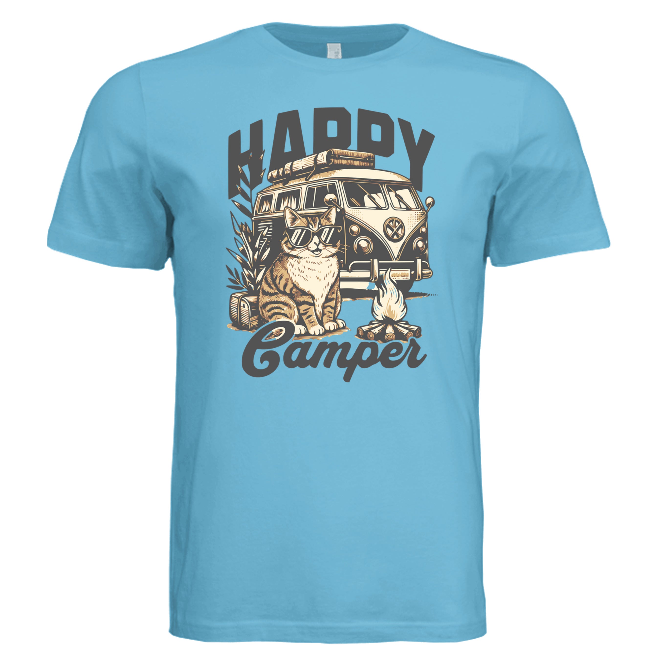 OCEAN BLUE -  Camper Cat retro cat lover graphic tee — outdoor adventure cat DTF print by Stu Borncat Creations