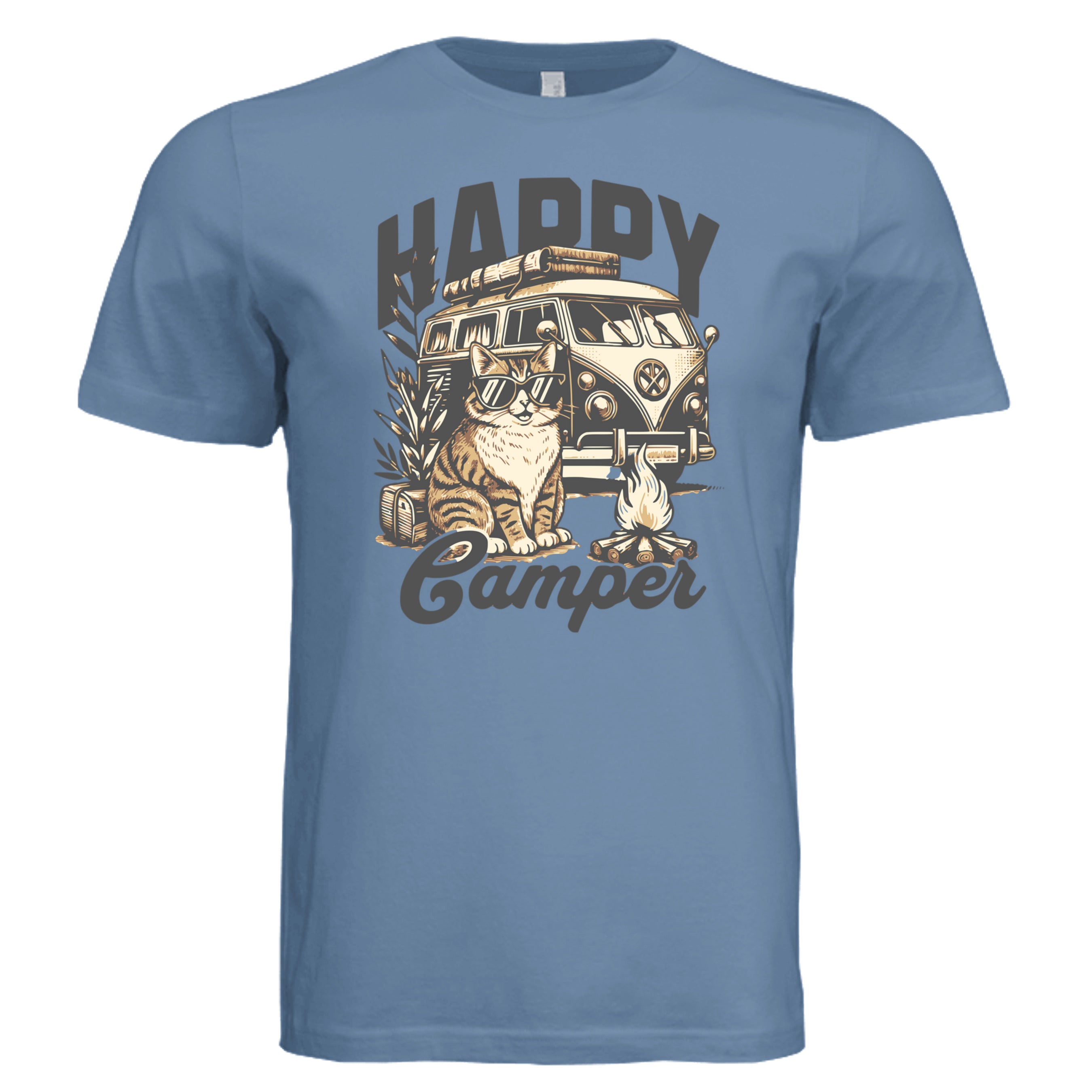 Slate - Camper Cat retro cat lover graphic tee — outdoor adventure cat DTF print by Stu Borncat Creations