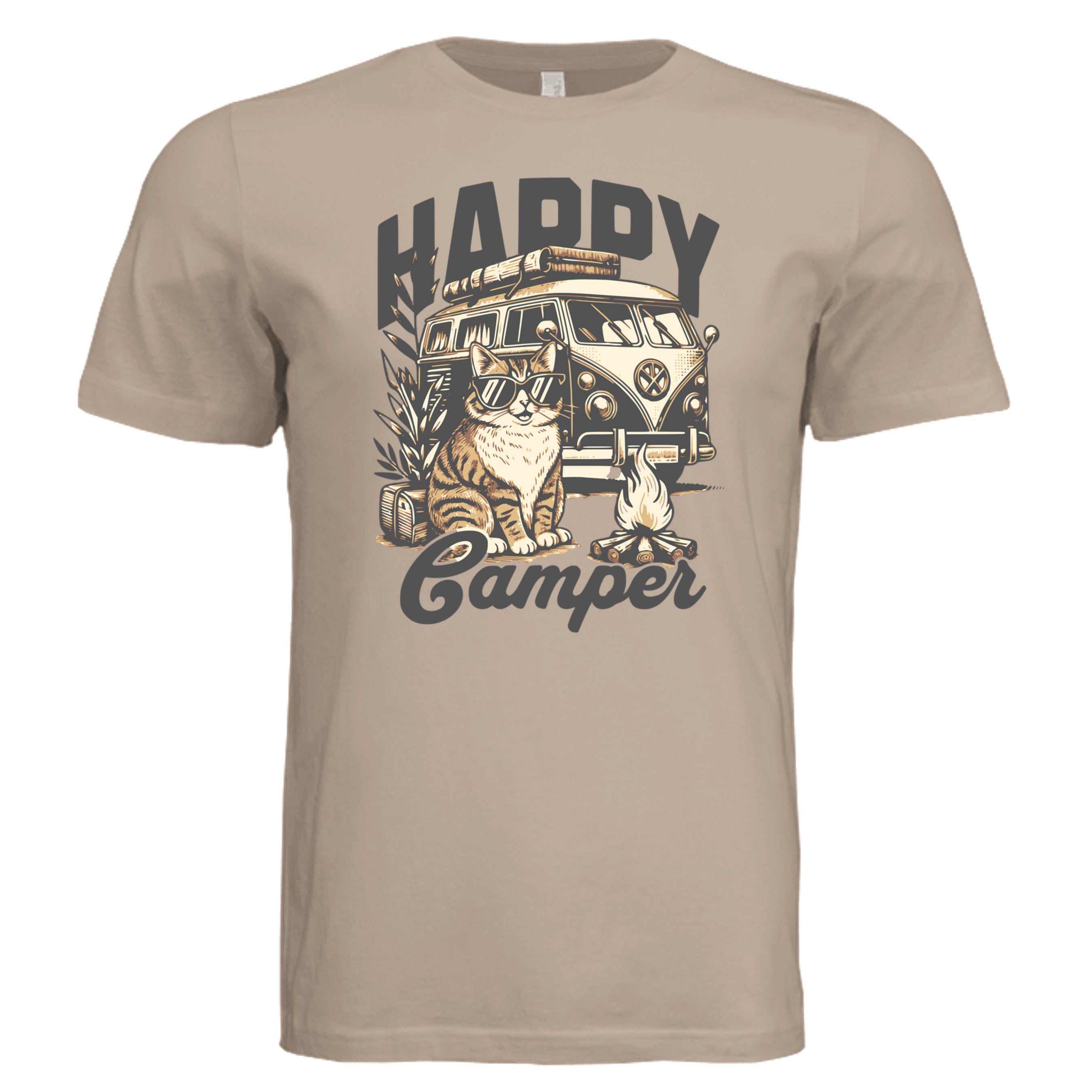 Dust -  Camper Cat retro cat lover graphic tee — outdoor adventure cat DTF print by Stu Borncat Creations