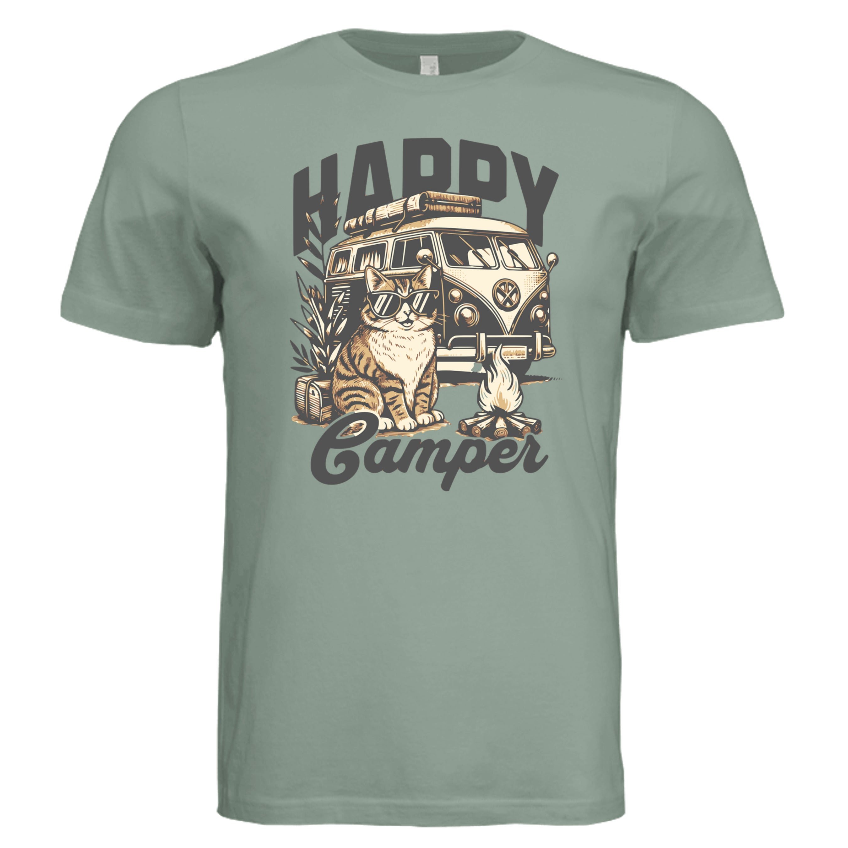 Sage -  Camper Cat retro cat lover graphic tee — outdoor adventure cat DTF print by Stu Borncat Creations