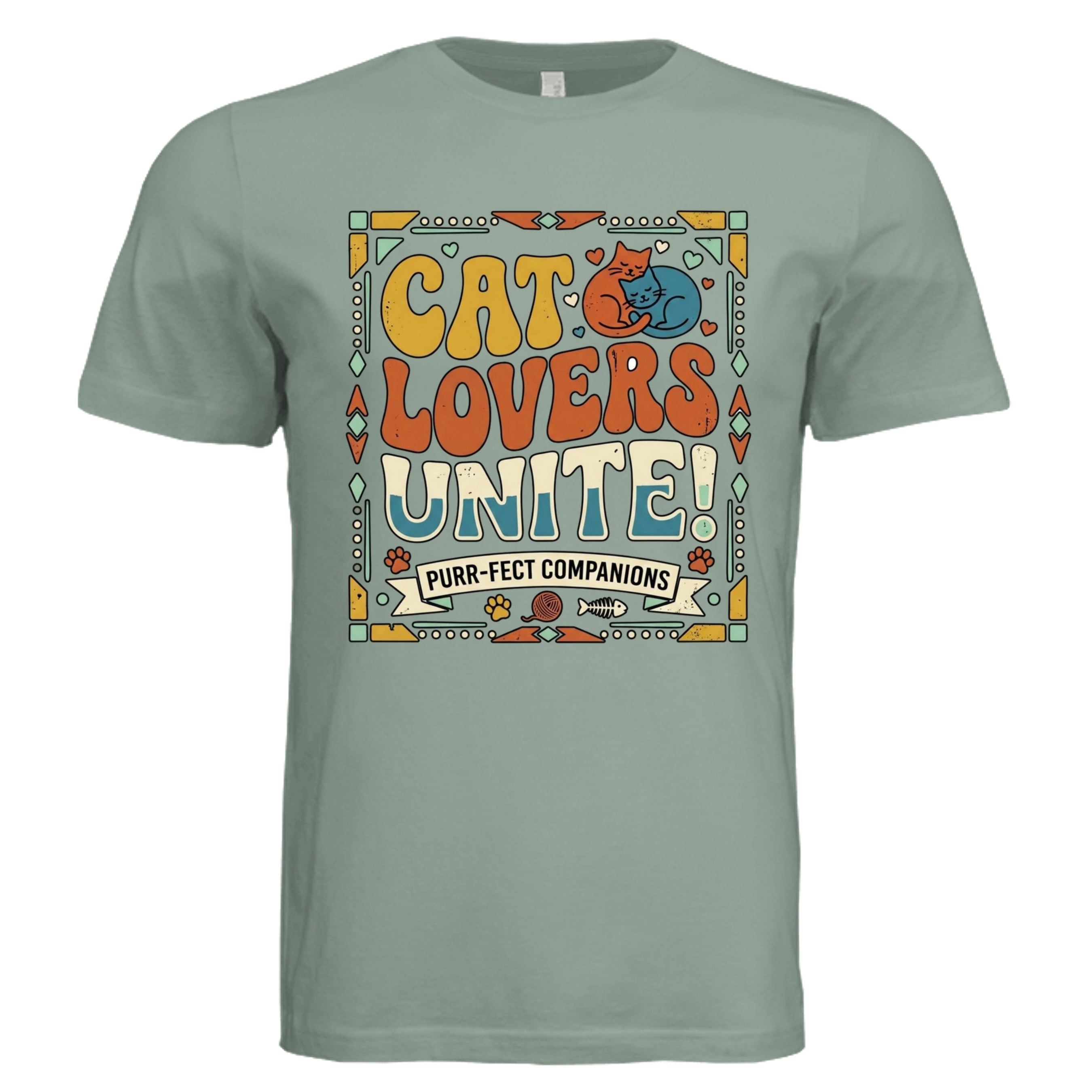 Sage -Camper Cat retro cat lover graphic tee — outdoor adventure cat DTF print by Stu Borncat Creations
