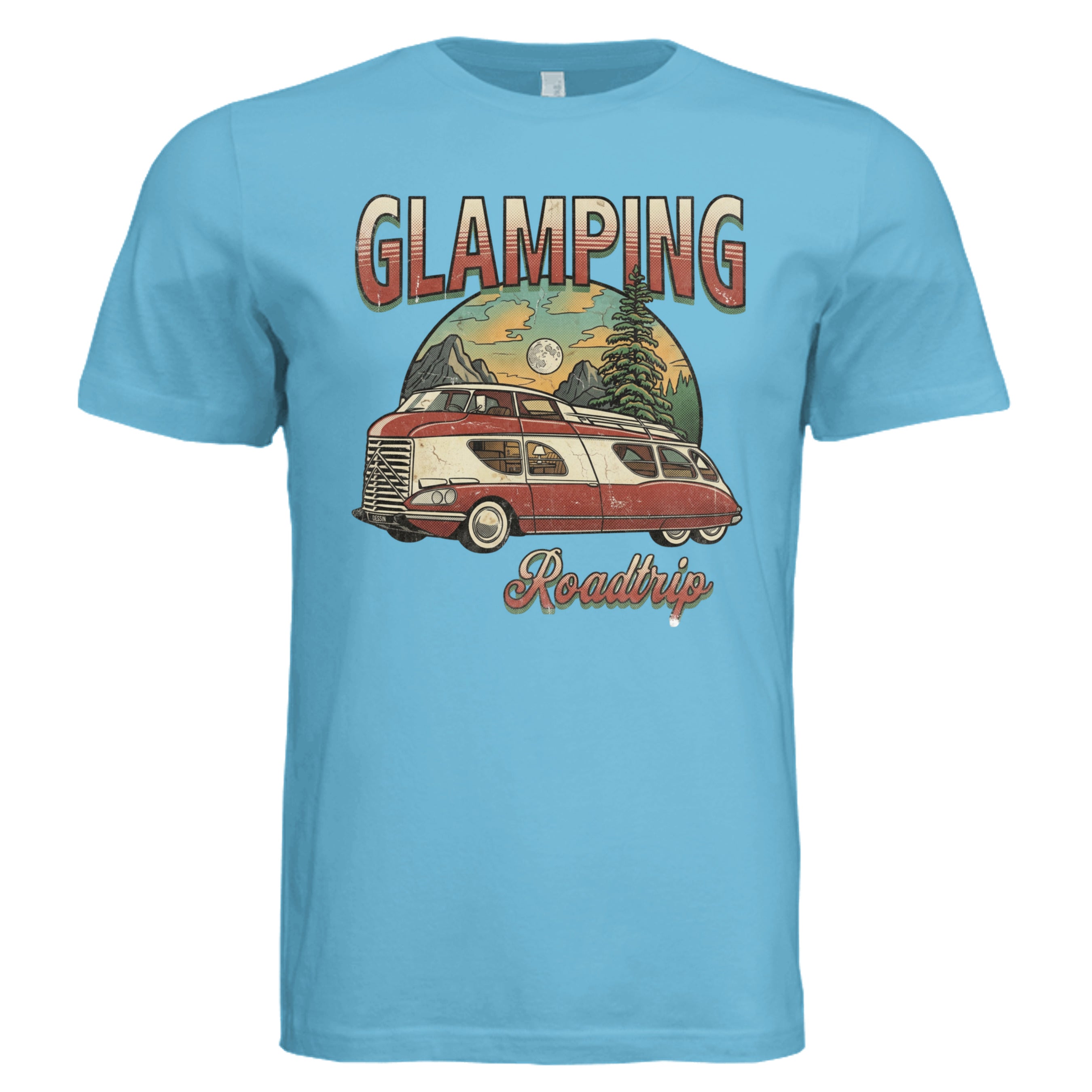 OCEAN BLUE -Glamping with GM retro car lover graphic tee — Carz collection by Stu Borncat Creations