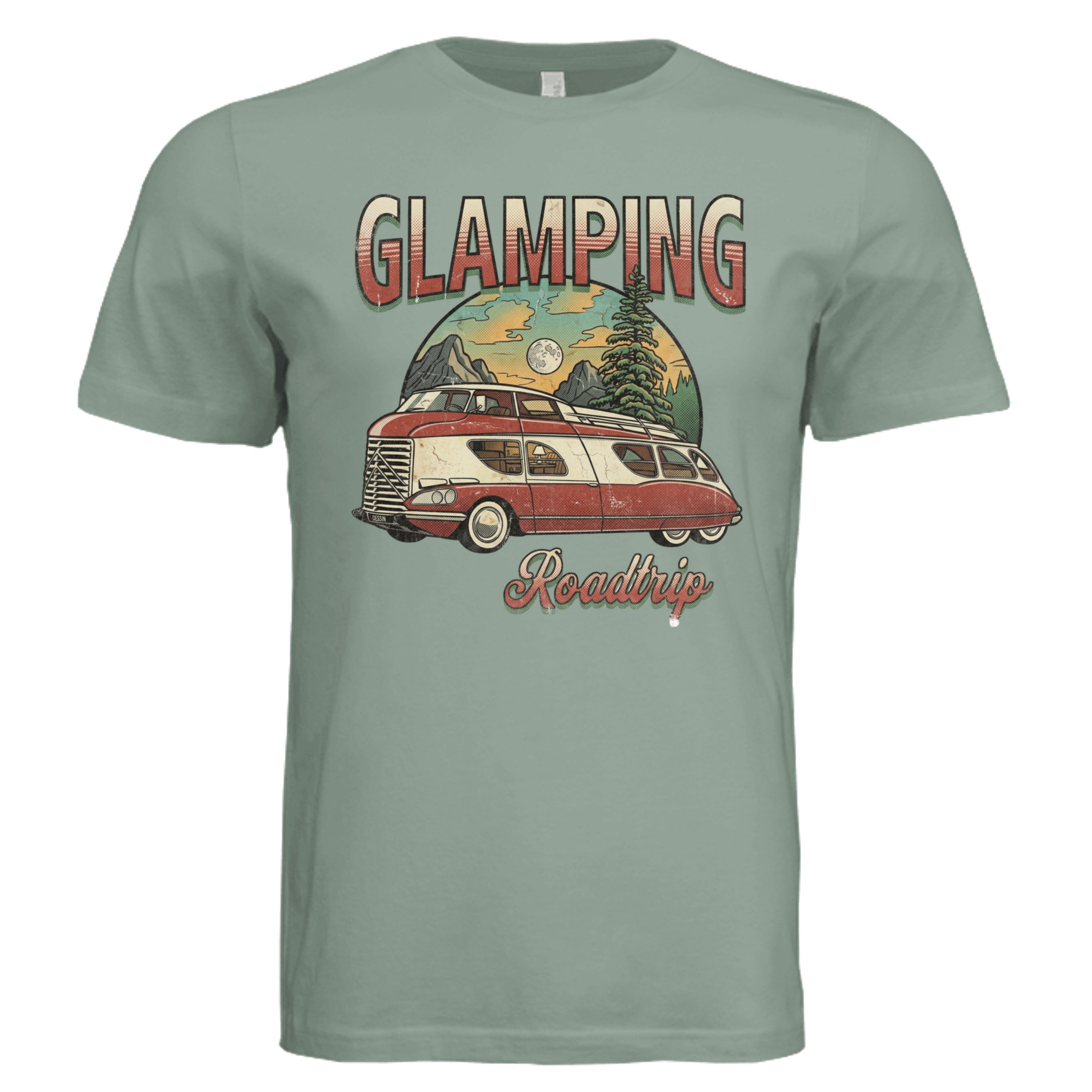 Sage - Glamping with GM retro car lover graphic tee — Carz collection by Stu Borncat Creations