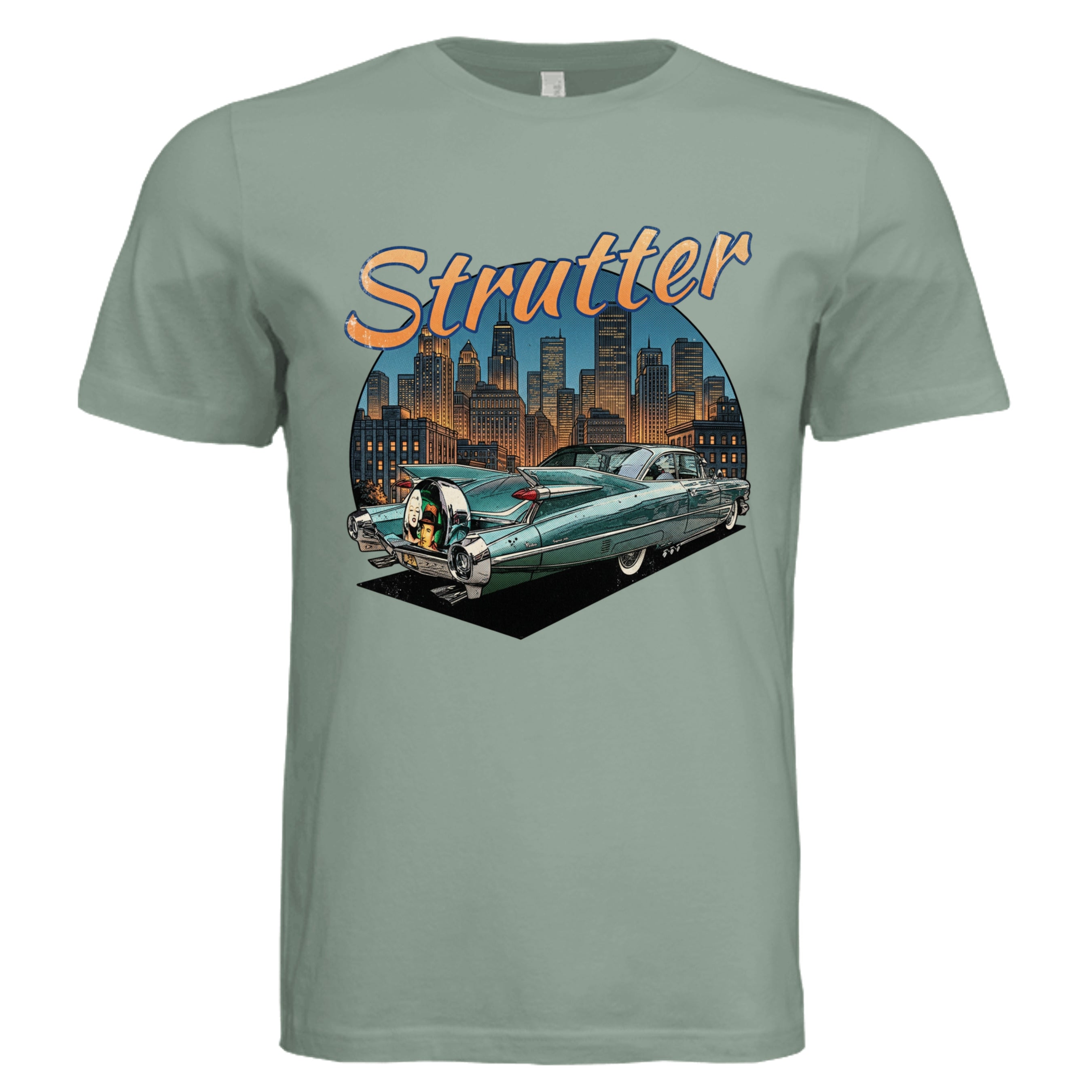 Sage - Cadillac Strutter retro car lover graphic tee — Carz collection by Stu Borncat Creations