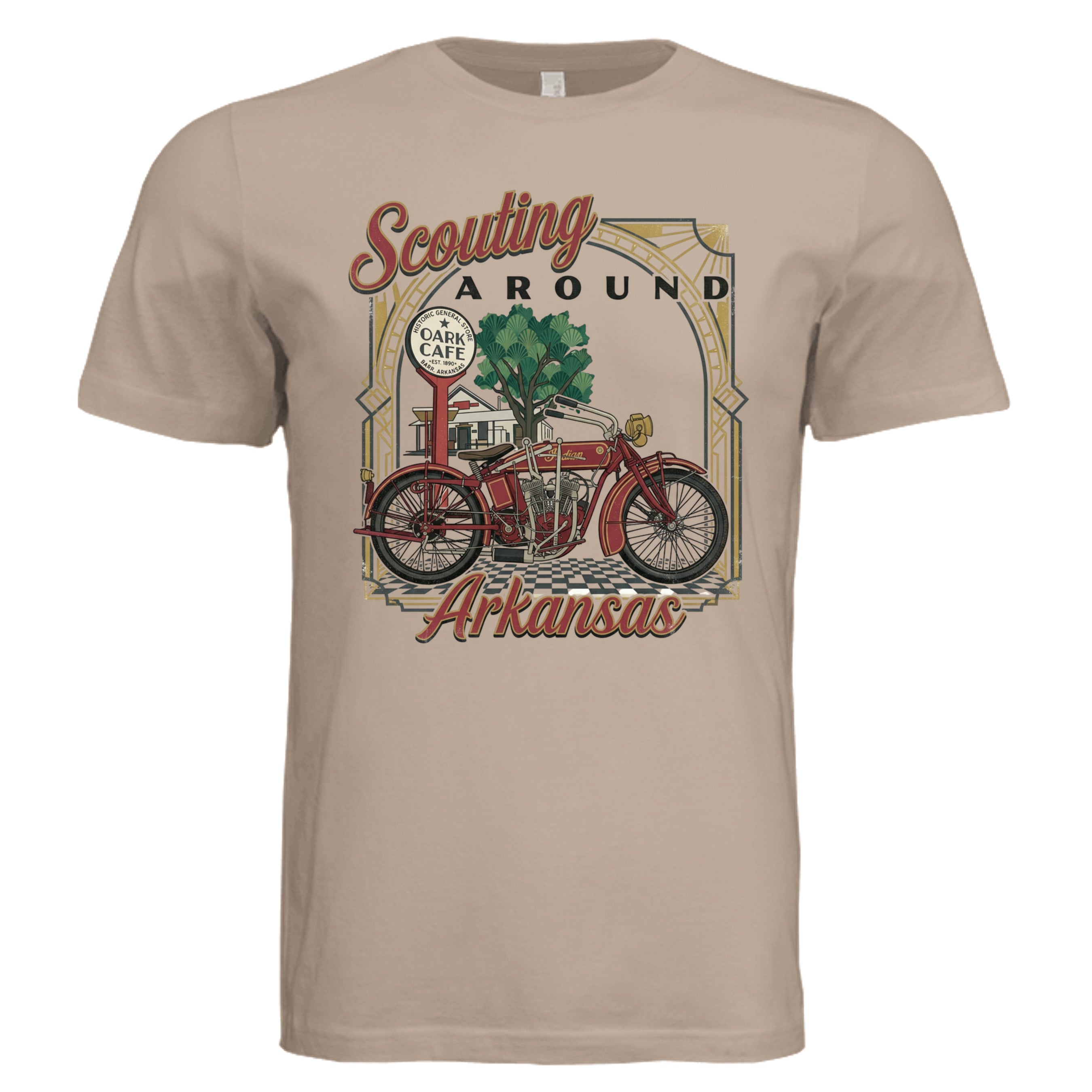 Dust - Scouting Around Arkansas retro biker graphic tee — Carz collection by Stu Borncat Creations