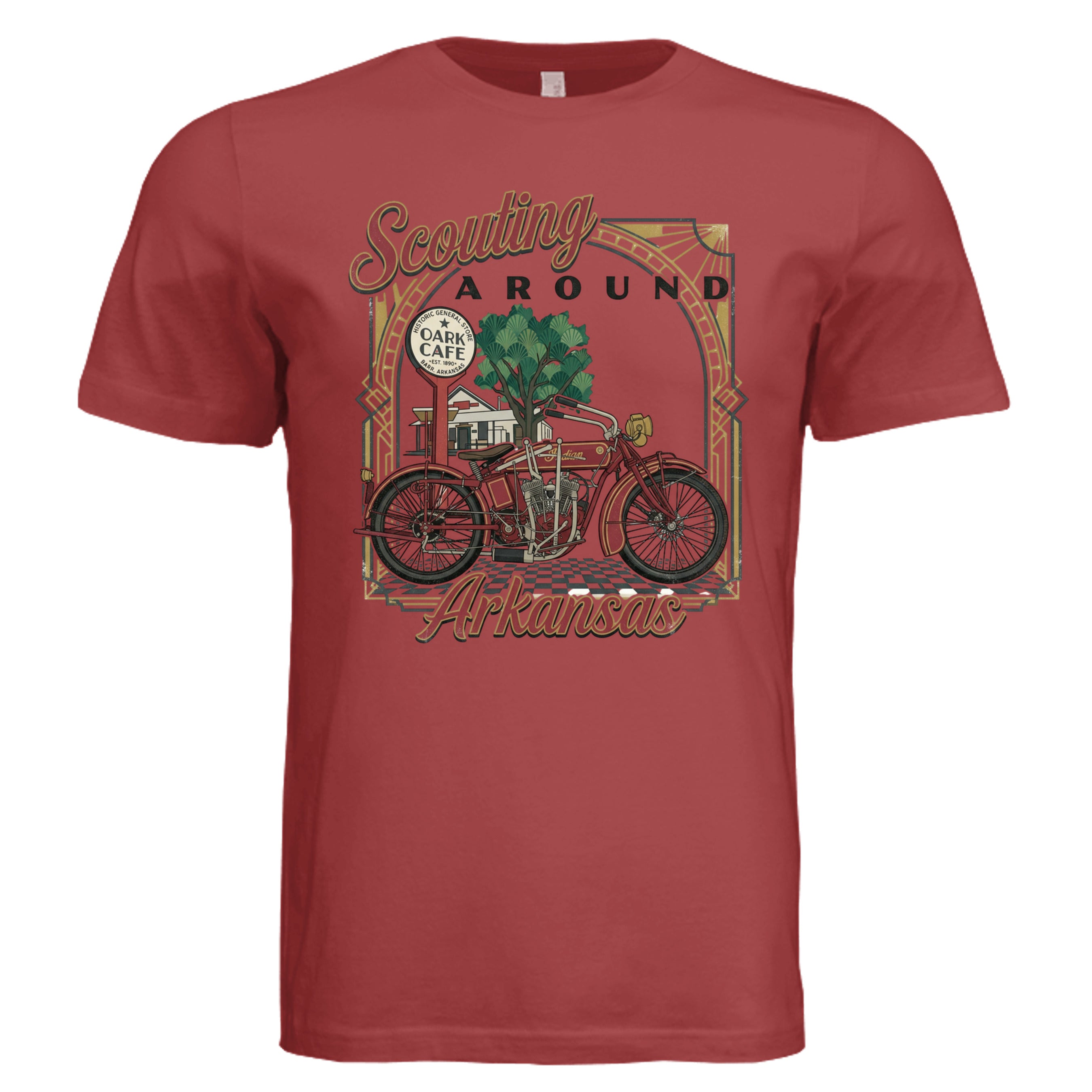 RUST - Scouting Around Arkansas retro biker graphic tee — Carz collection by Stu Borncat Creations