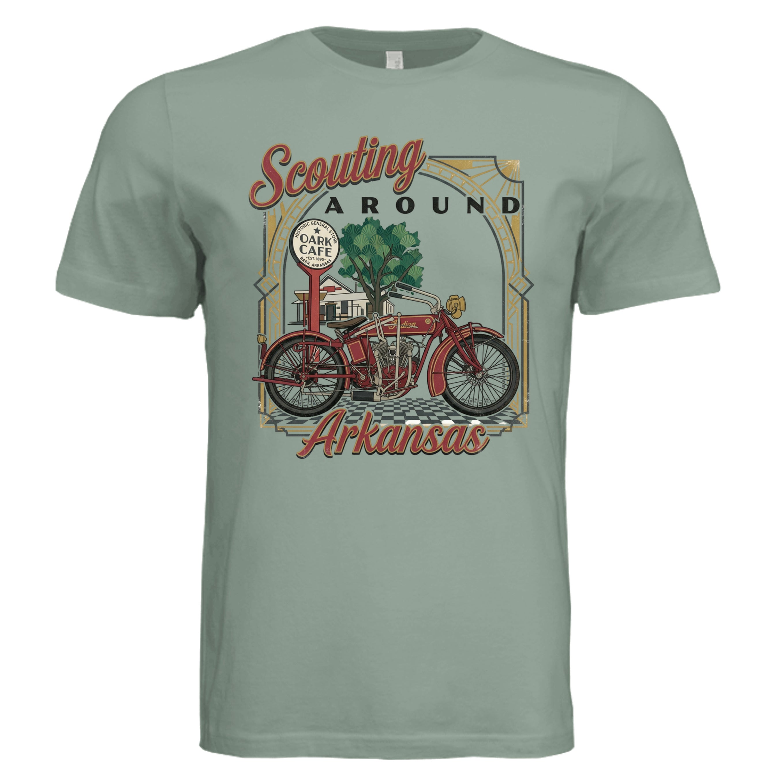 Sage - Scouting Around Arkansas retro biker graphic tee — Carz collection by Stu Borncat Creations