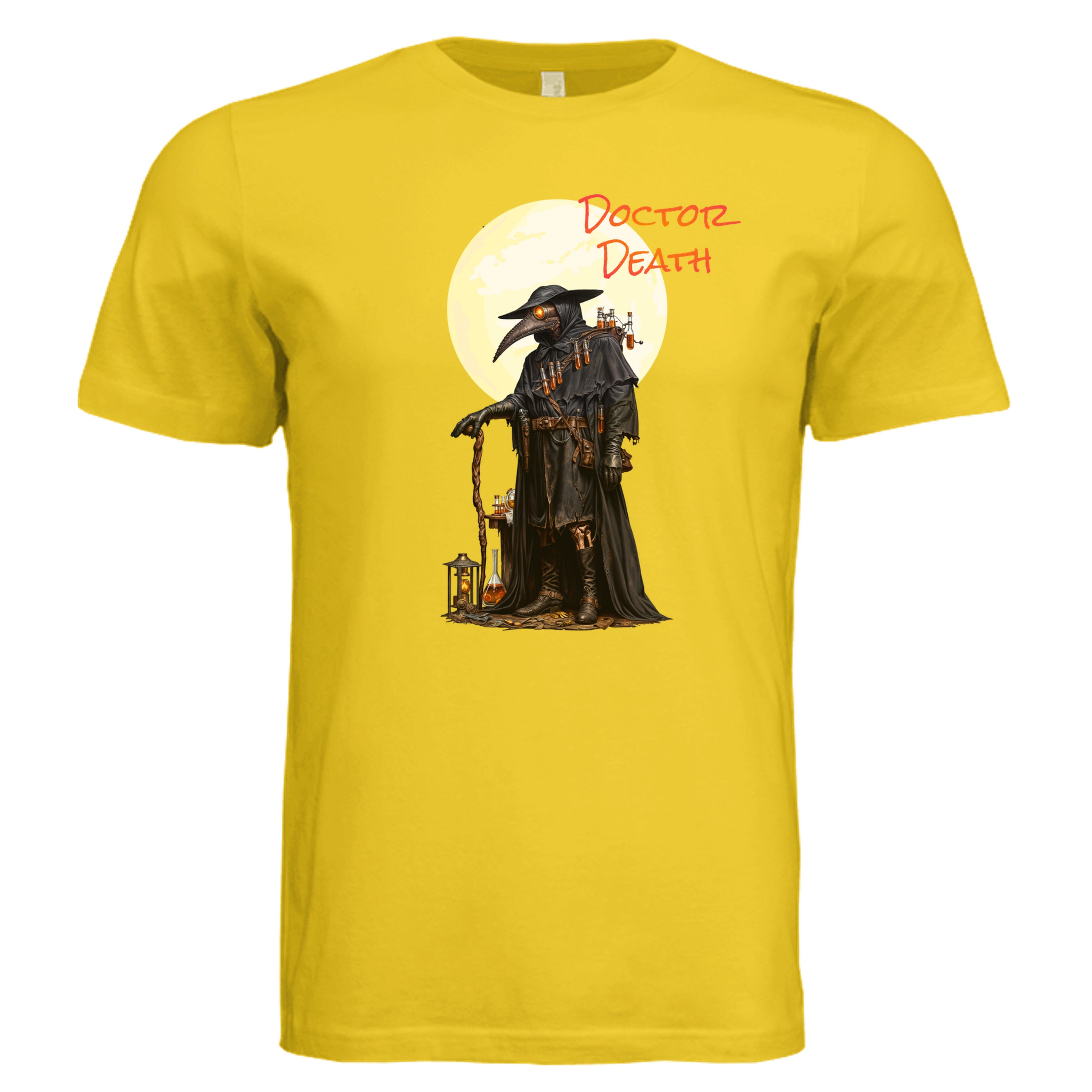 MAIZE YELLOW - Doctor Death dark Halloween graphic tee — sinister spooky season DTF print by Stu Borncat Creations