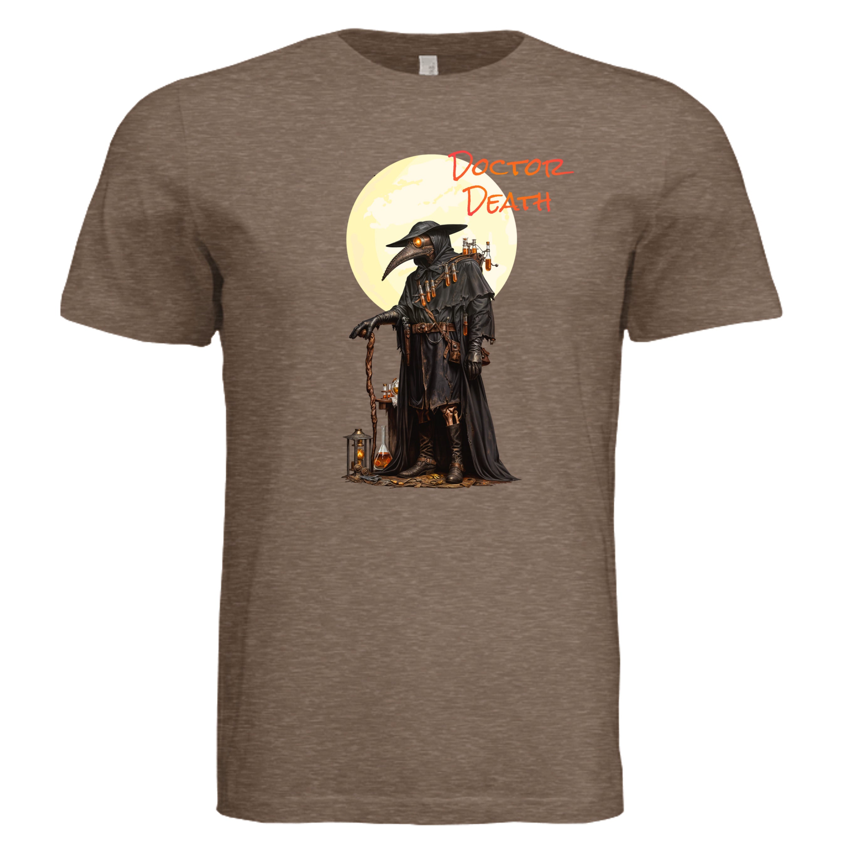 Vintage Brown -Doctor Death dark Halloween graphic tee — sinister spooky season DTF print by Stu Borncat Creations