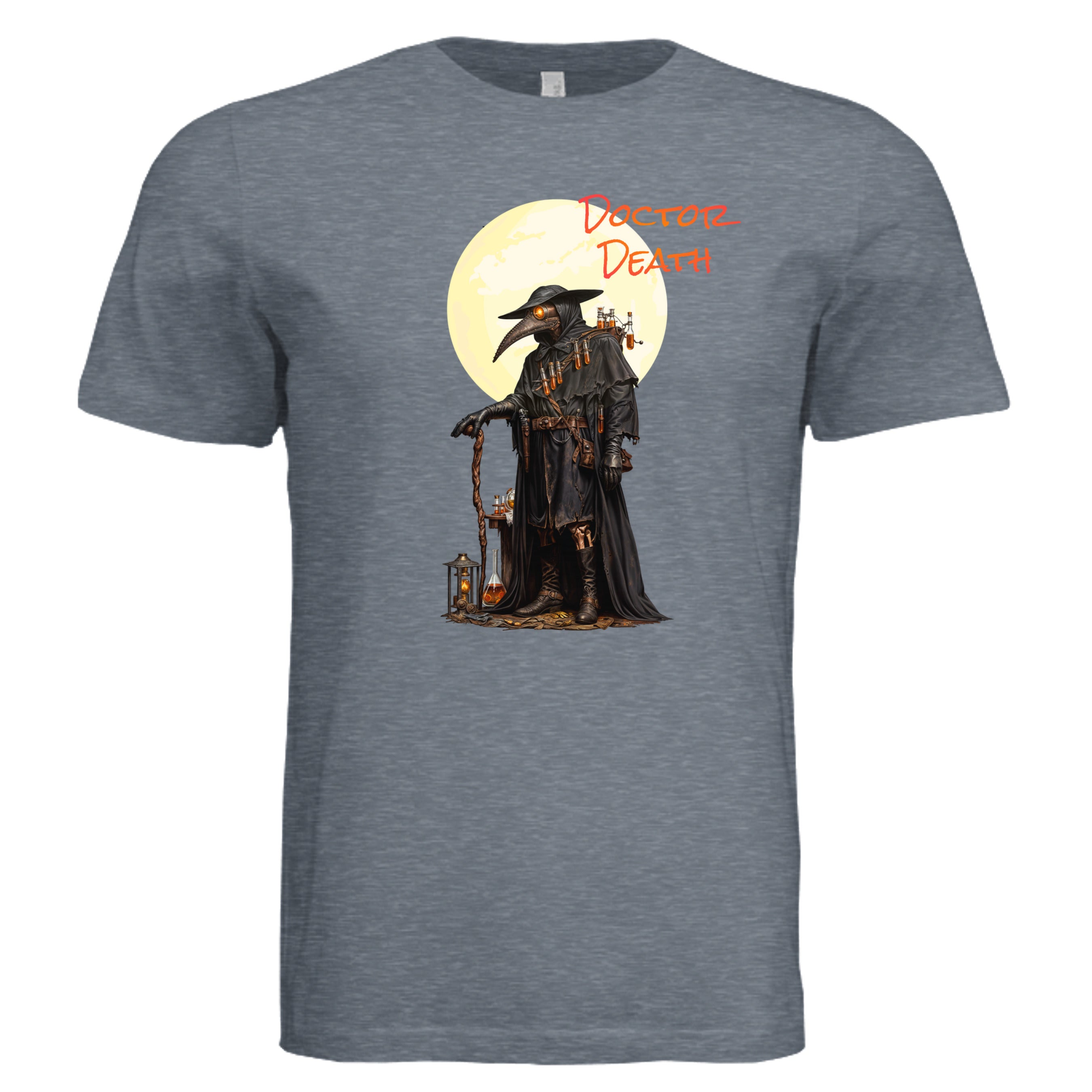 Vintage Denim - Doctor Death dark Halloween graphic tee — sinister spooky season DTF print by Stu Borncat Creations