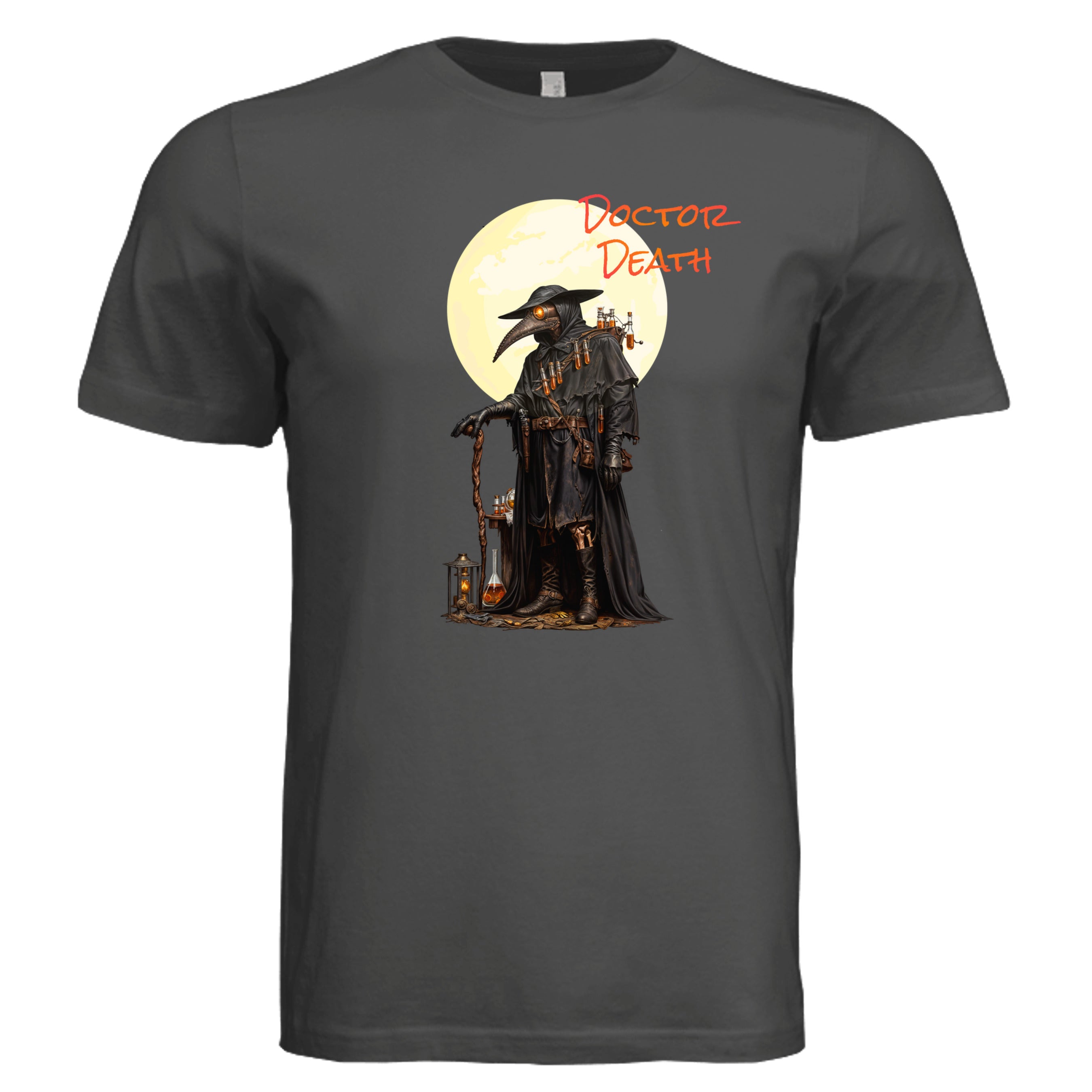 DARK GREY -Doctor Death dark Halloween graphic tee — sinister spooky season DTF print by Stu Borncat Creations