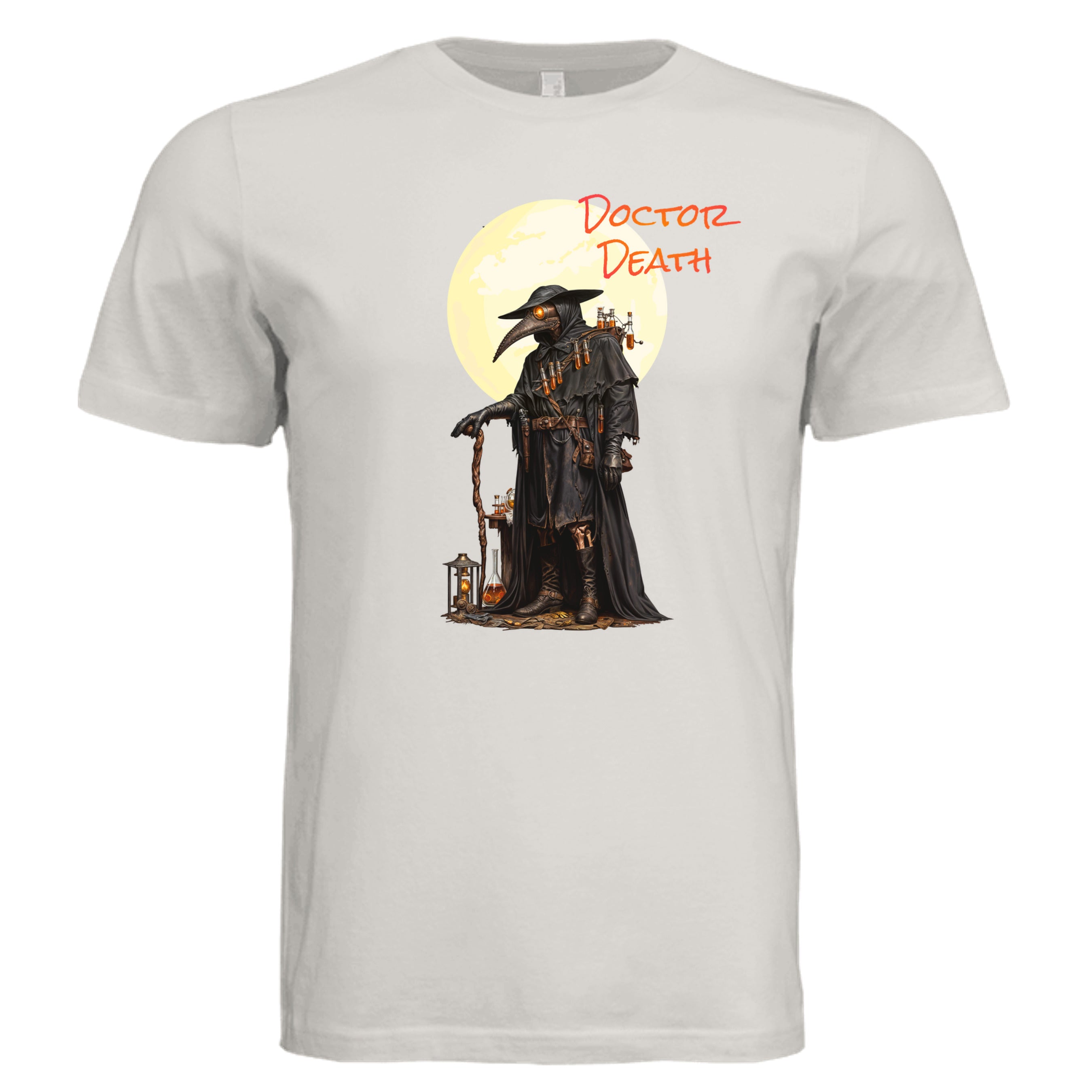 Vintage White -Doctor Death dark Halloween graphic tee — sinister spooky season DTF print by Stu Borncat Creations