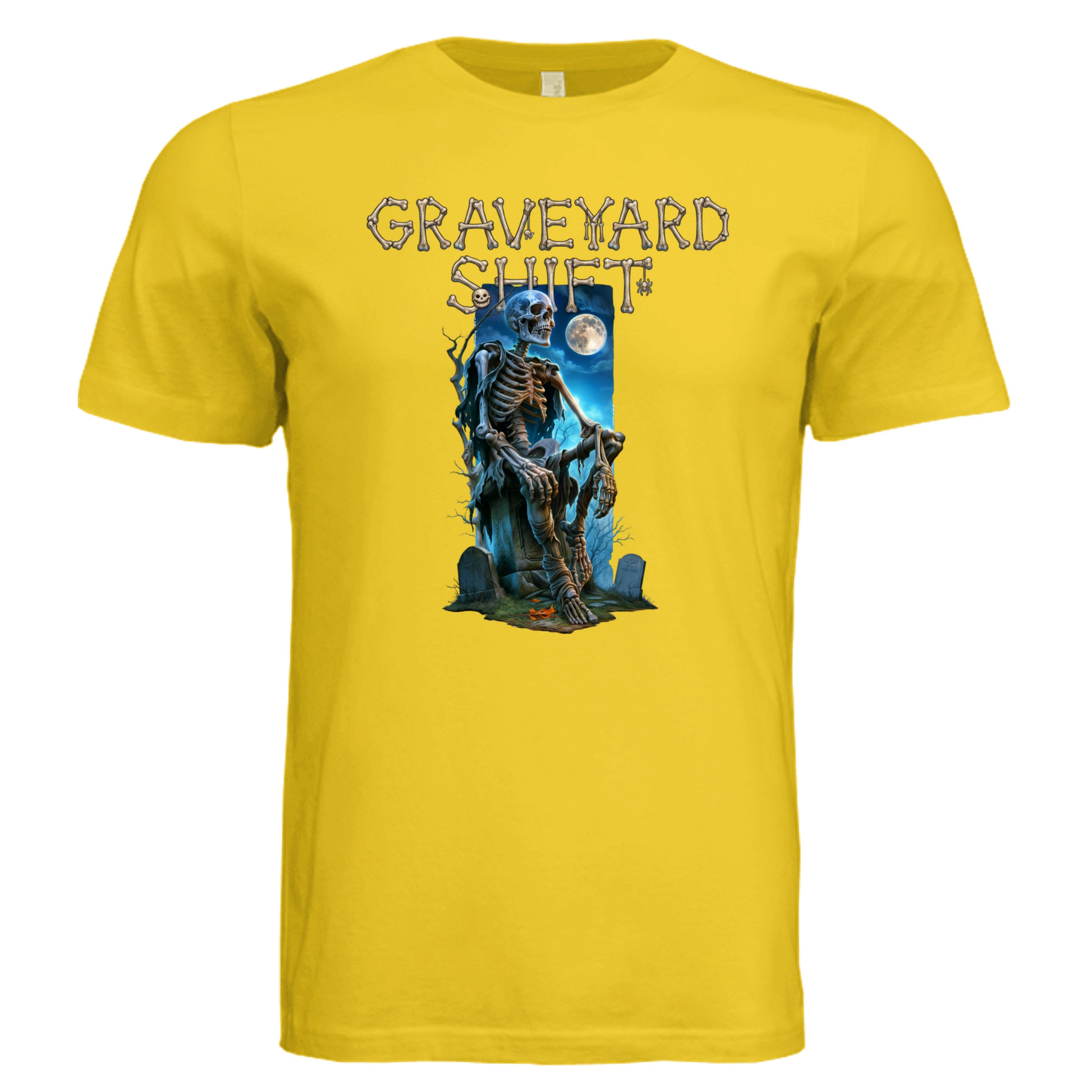 MAIZE YELLOW -  Graveyard Shift Halloween graphic tee — spooky season DTF print by Stu Borncat Creations