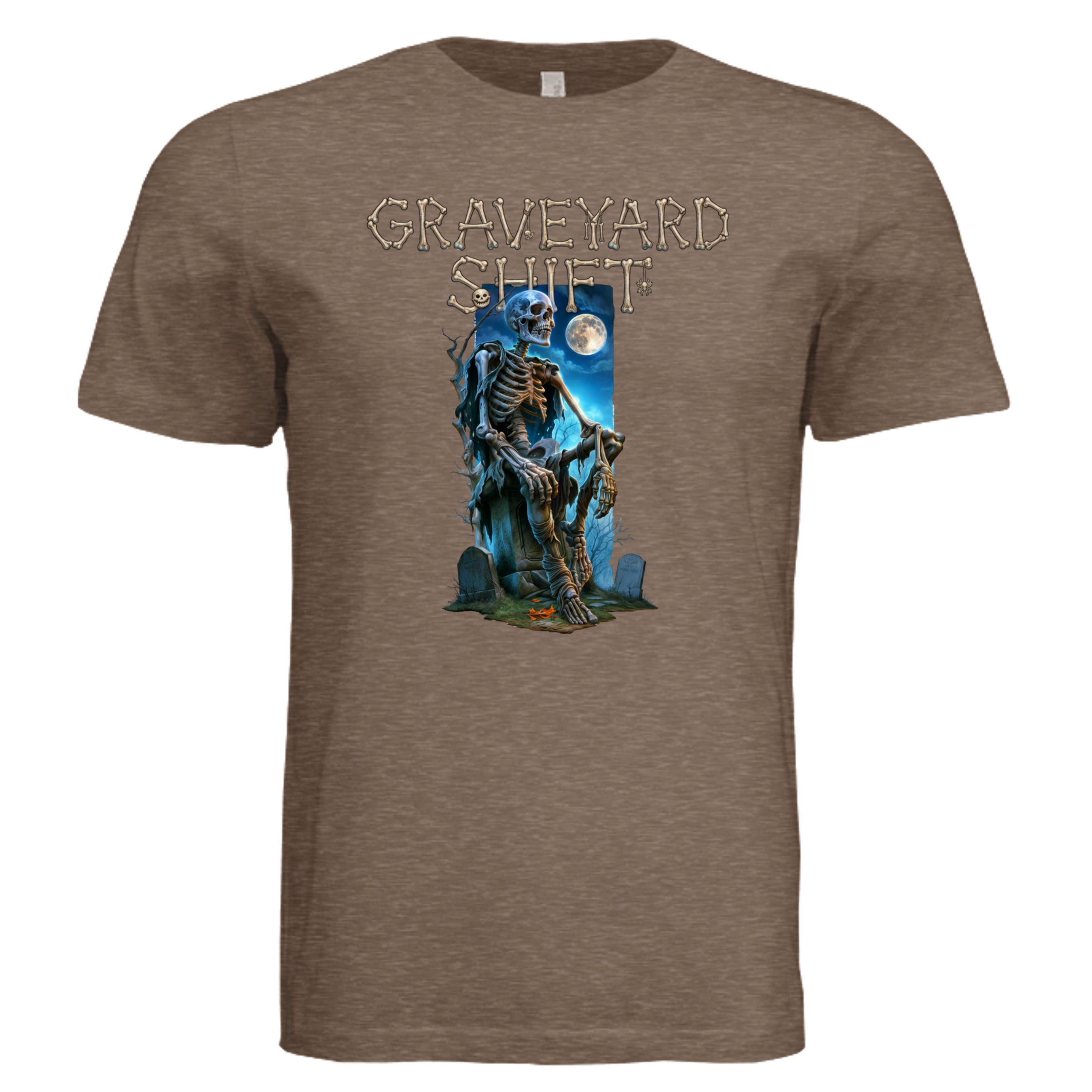 Vintage Brown - Graveyard Shift Halloween graphic tee — spooky season DTF print by Stu Borncat Creations